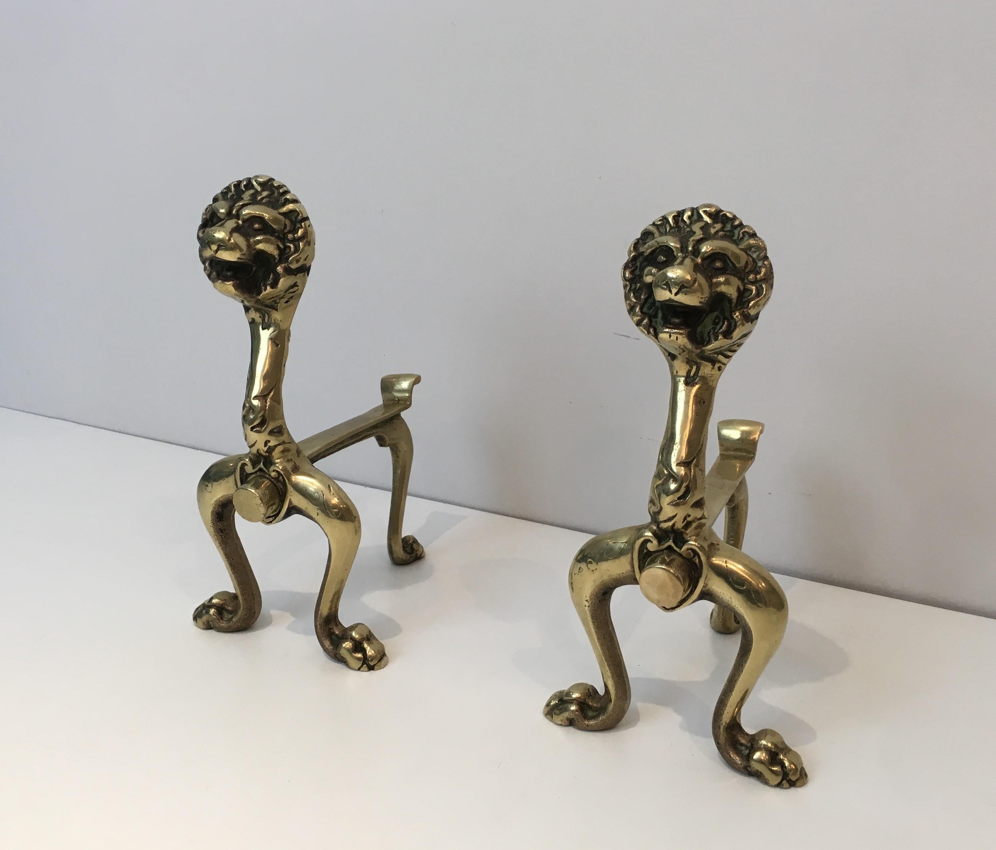 Unusual Pair of Lions Bronze Andirons, French, circa 1900 For Sale 5