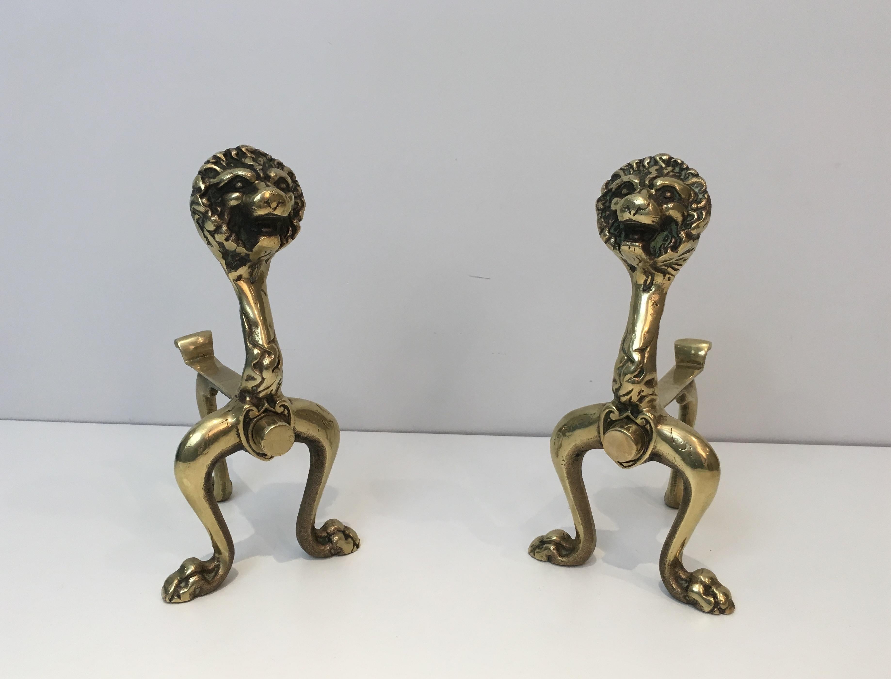 Neoclassical Unusual Pair of Lions Bronze Andirons, French, circa 1900 For Sale