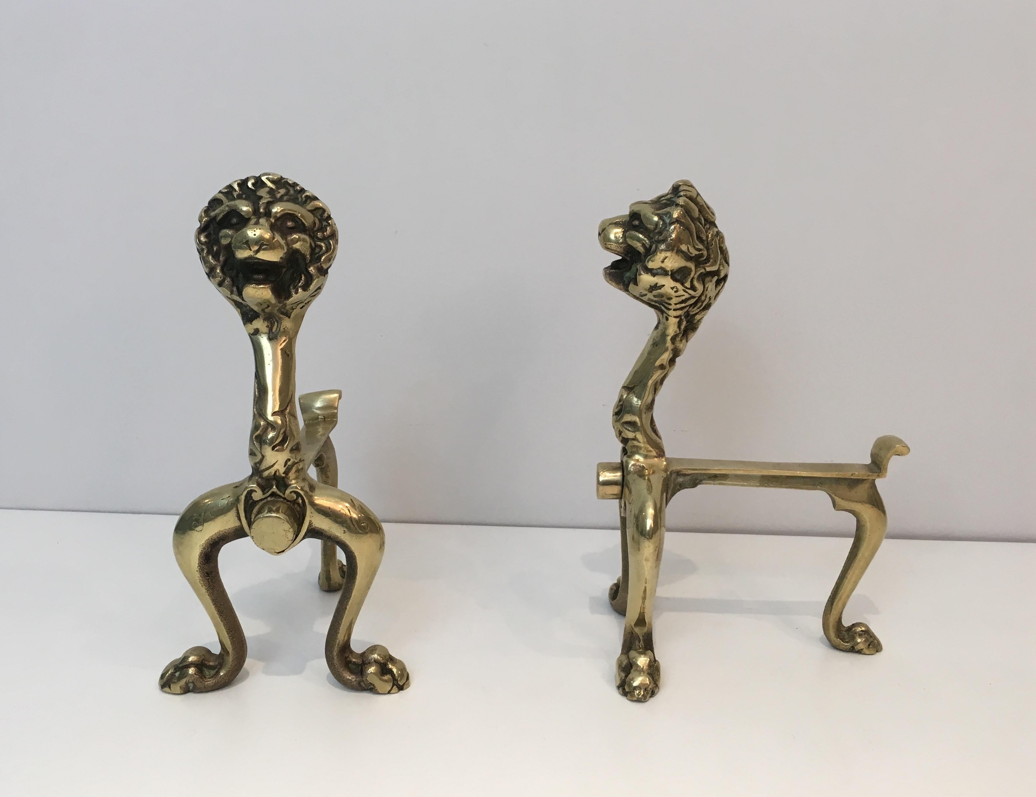Unusual Pair of Lions Bronze Andirons, French, circa 1900 In Good Condition For Sale In Marcq-en-Barœul, Hauts-de-France