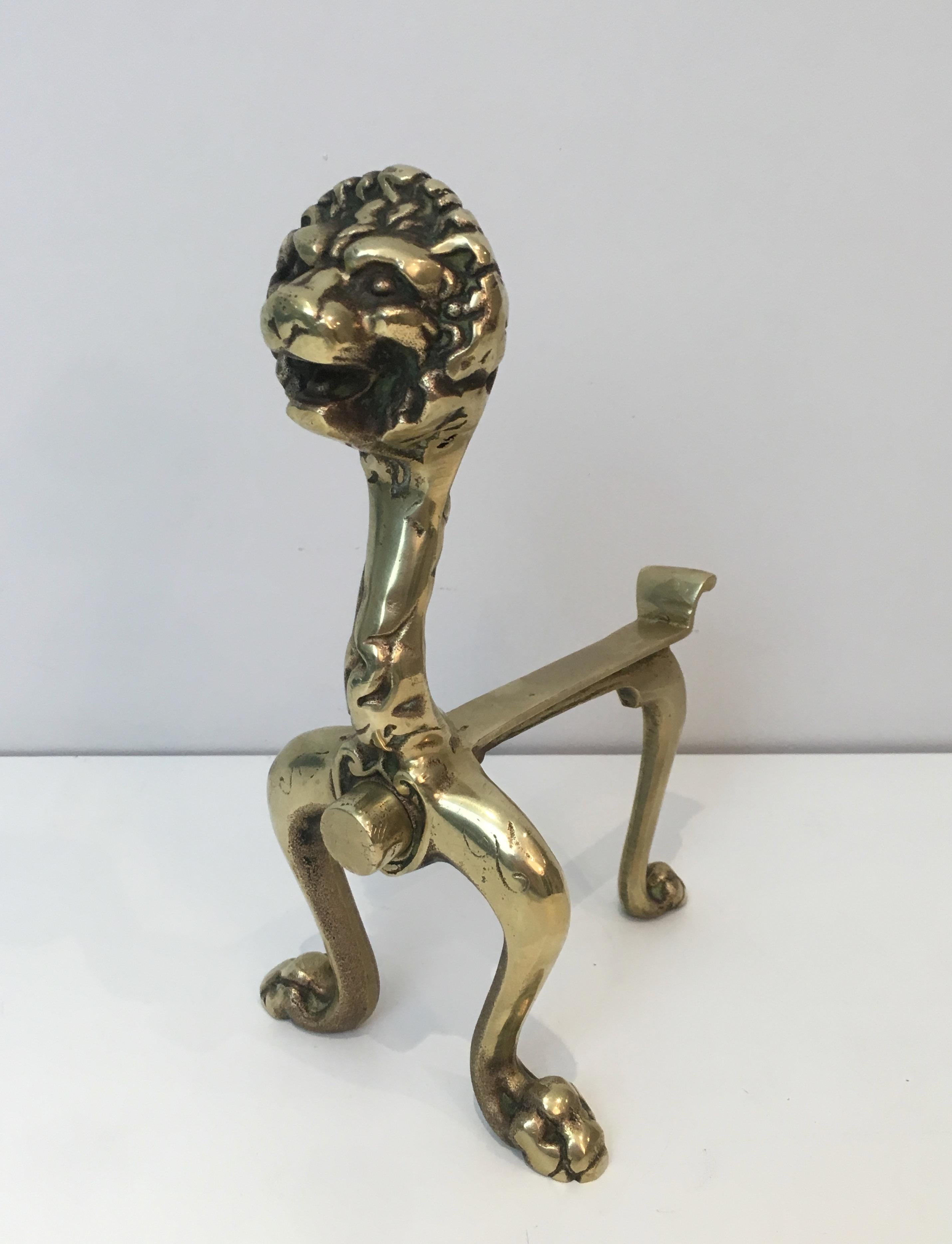 19th Century Unusual Pair of Lions Bronze Andirons, French, circa 1900 For Sale