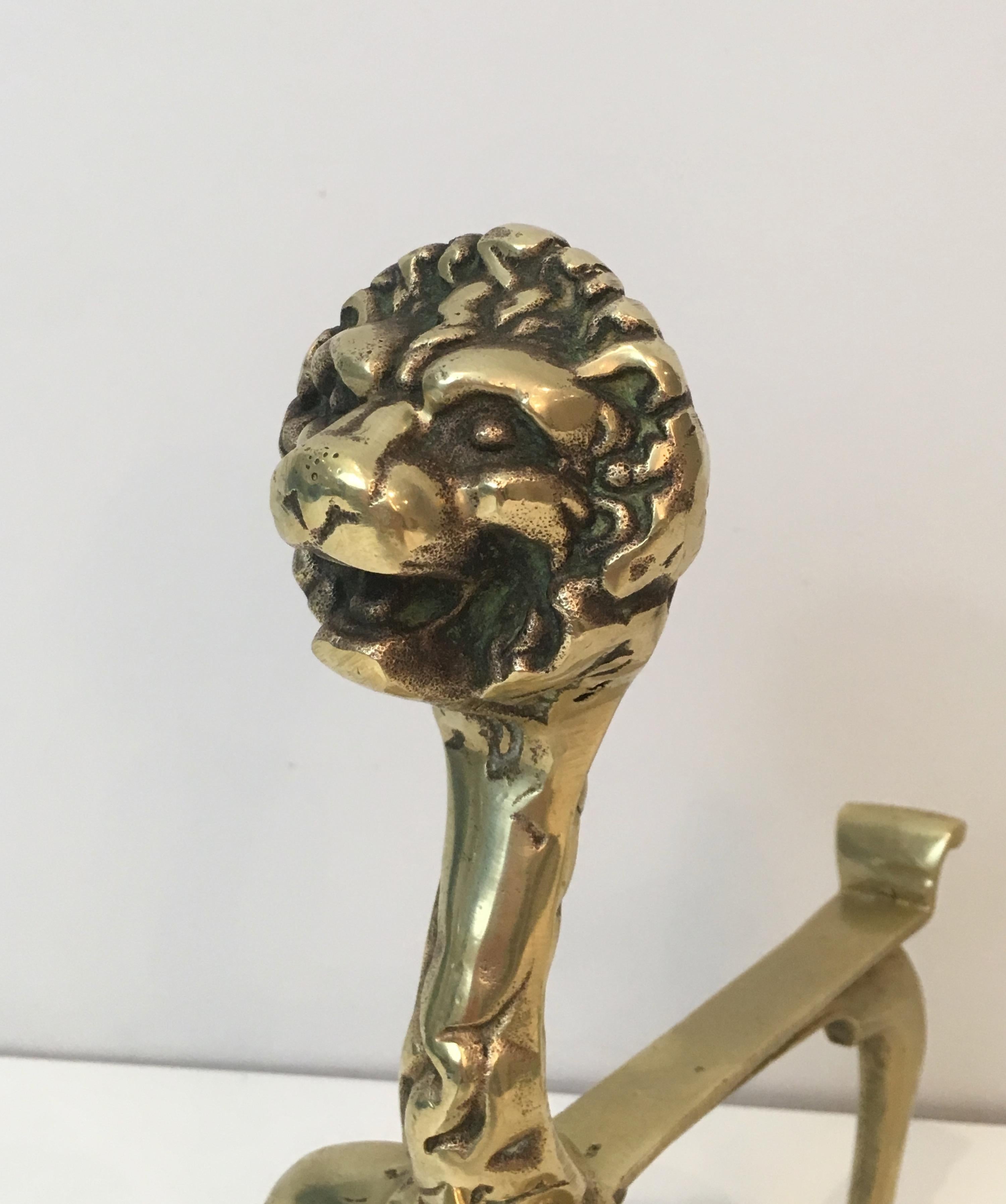 Unusual Pair of Lions Bronze Andirons, French, circa 1900 For Sale 3