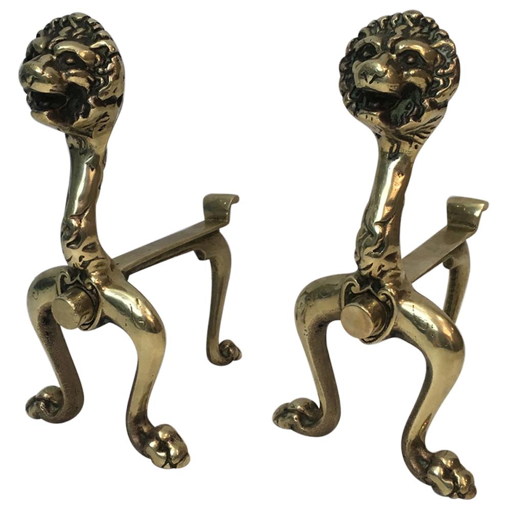 Unusual Pair of Lions Bronze Andirons, French, circa 1900