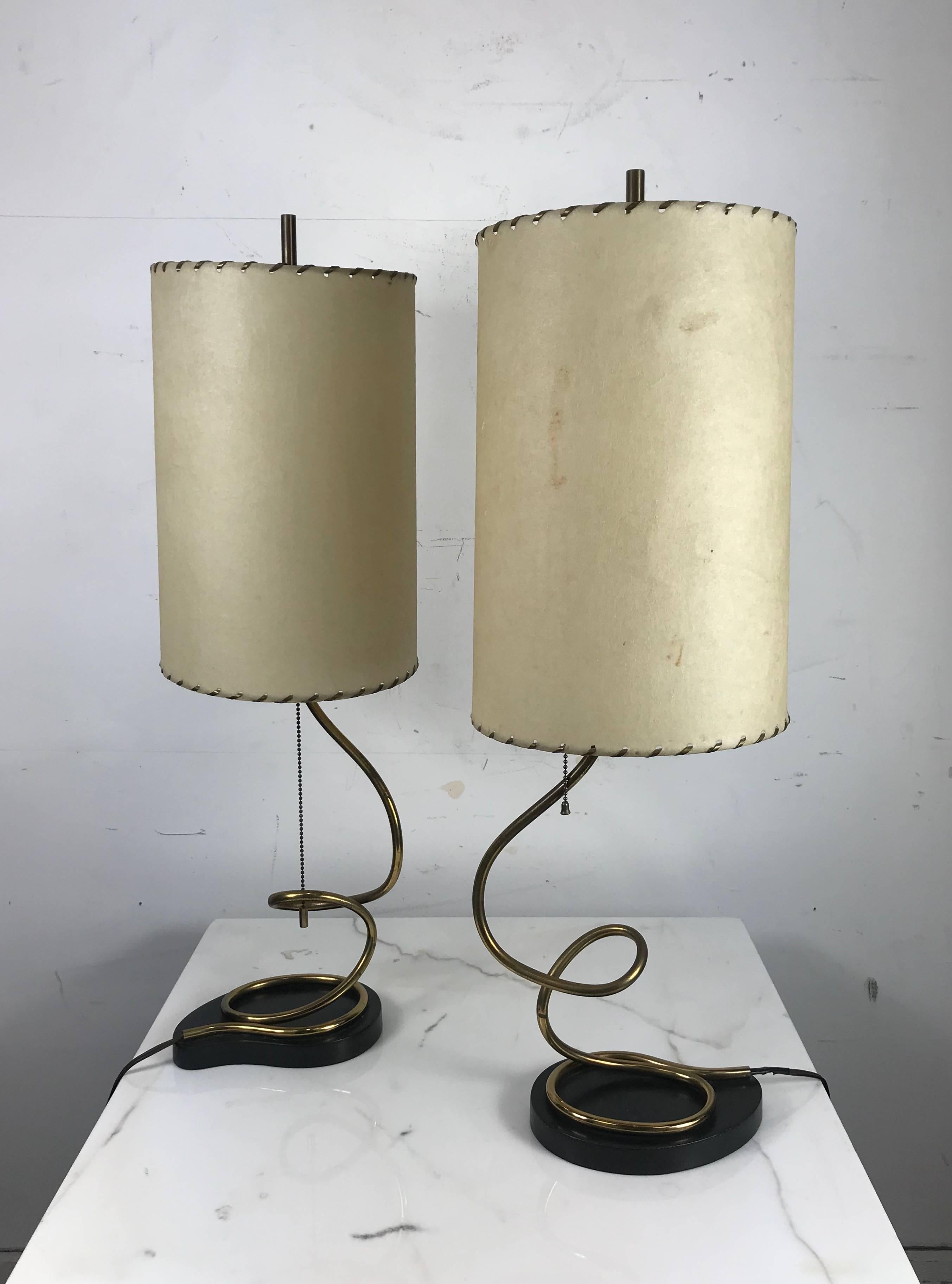American Unusual Pair of Majestic Brass, Metal and Parchment Table Lamps