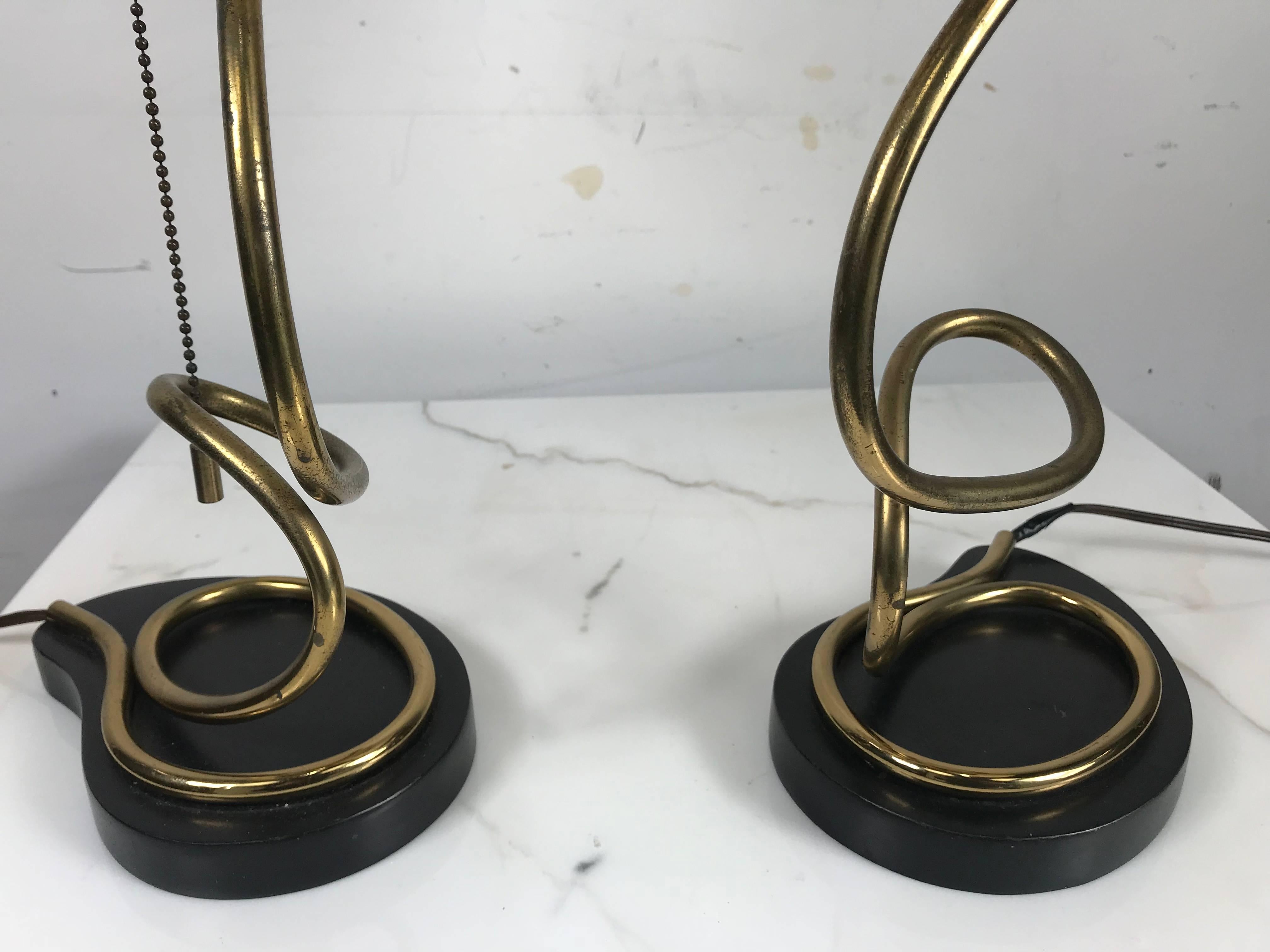 Unusual Pair of Majestic Brass, Metal and Parchment Table Lamps In Good Condition In Buffalo, NY