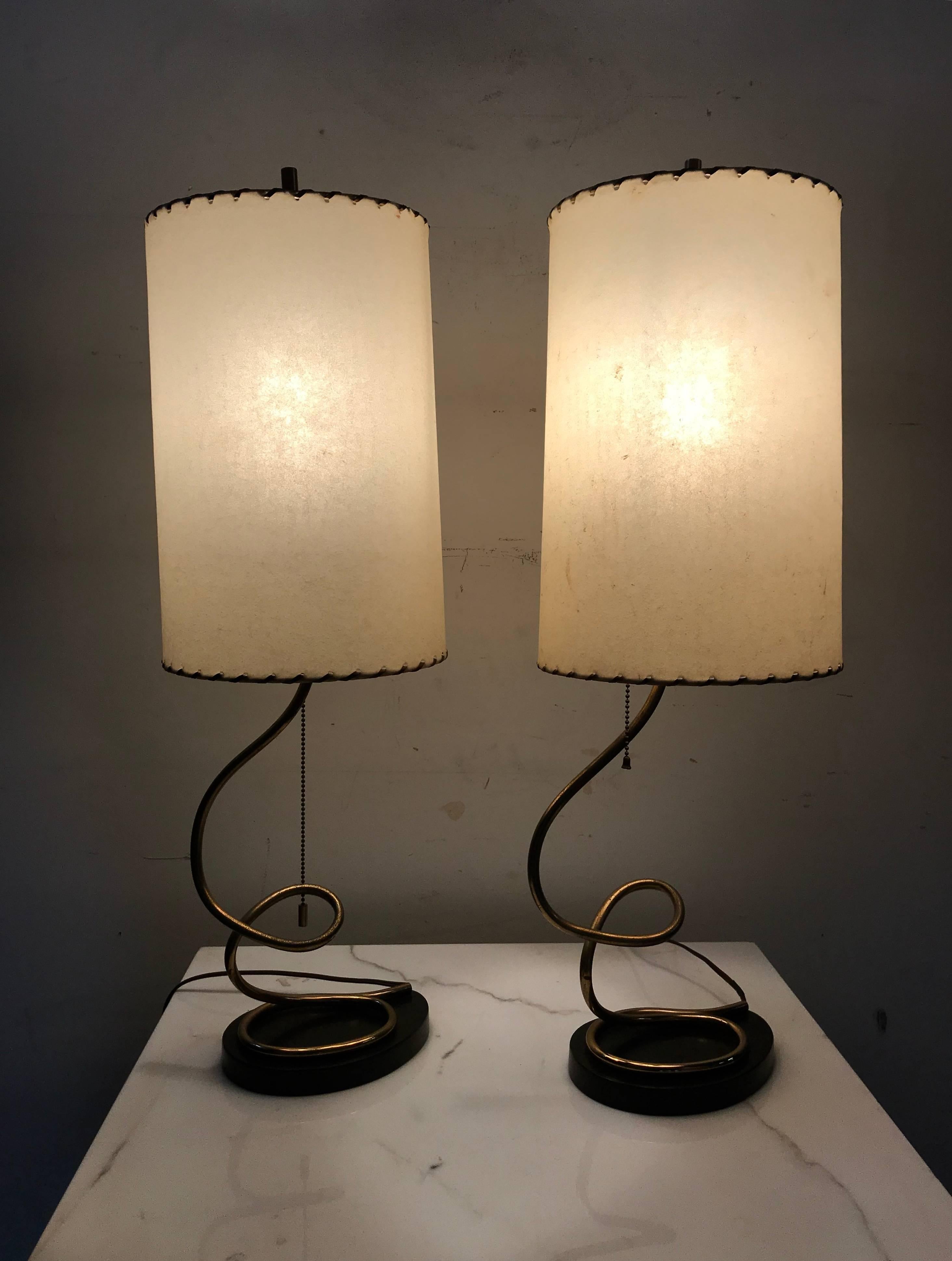 20th Century Unusual Pair of Majestic Brass, Metal and Parchment Table Lamps