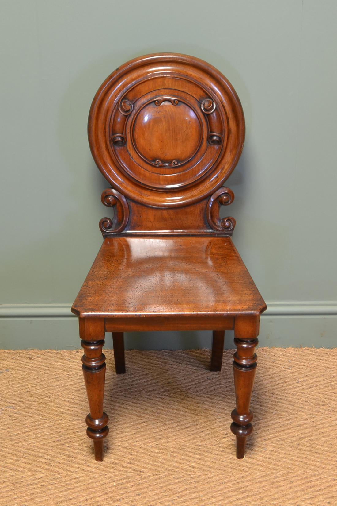 Unusual Pair Of Moulded Back Antique Mahogany Hall Chairs For Sale 1
