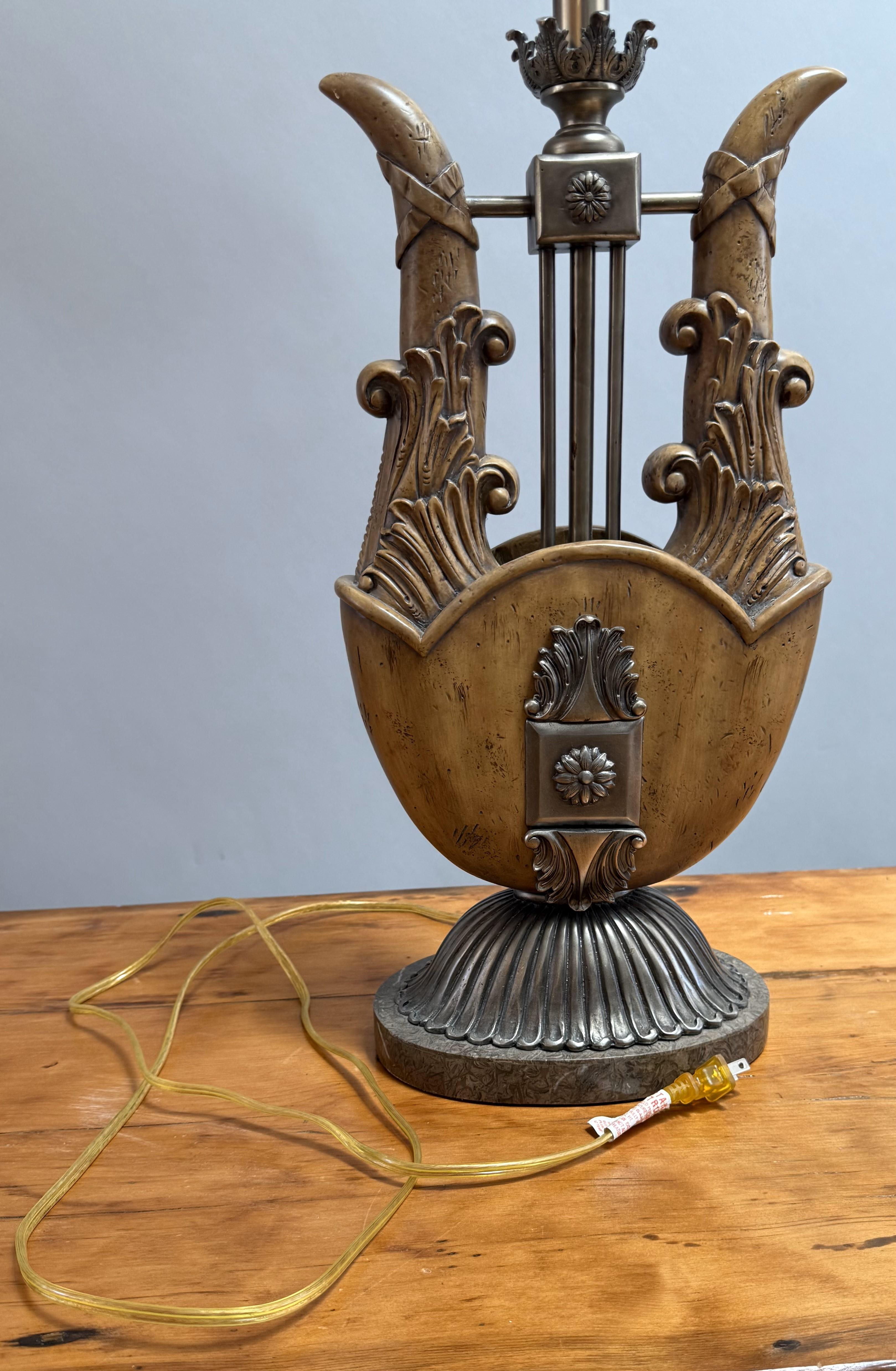 Unusual Pair of Neoclassical Lyre-Form Table Lamps For Sale 4