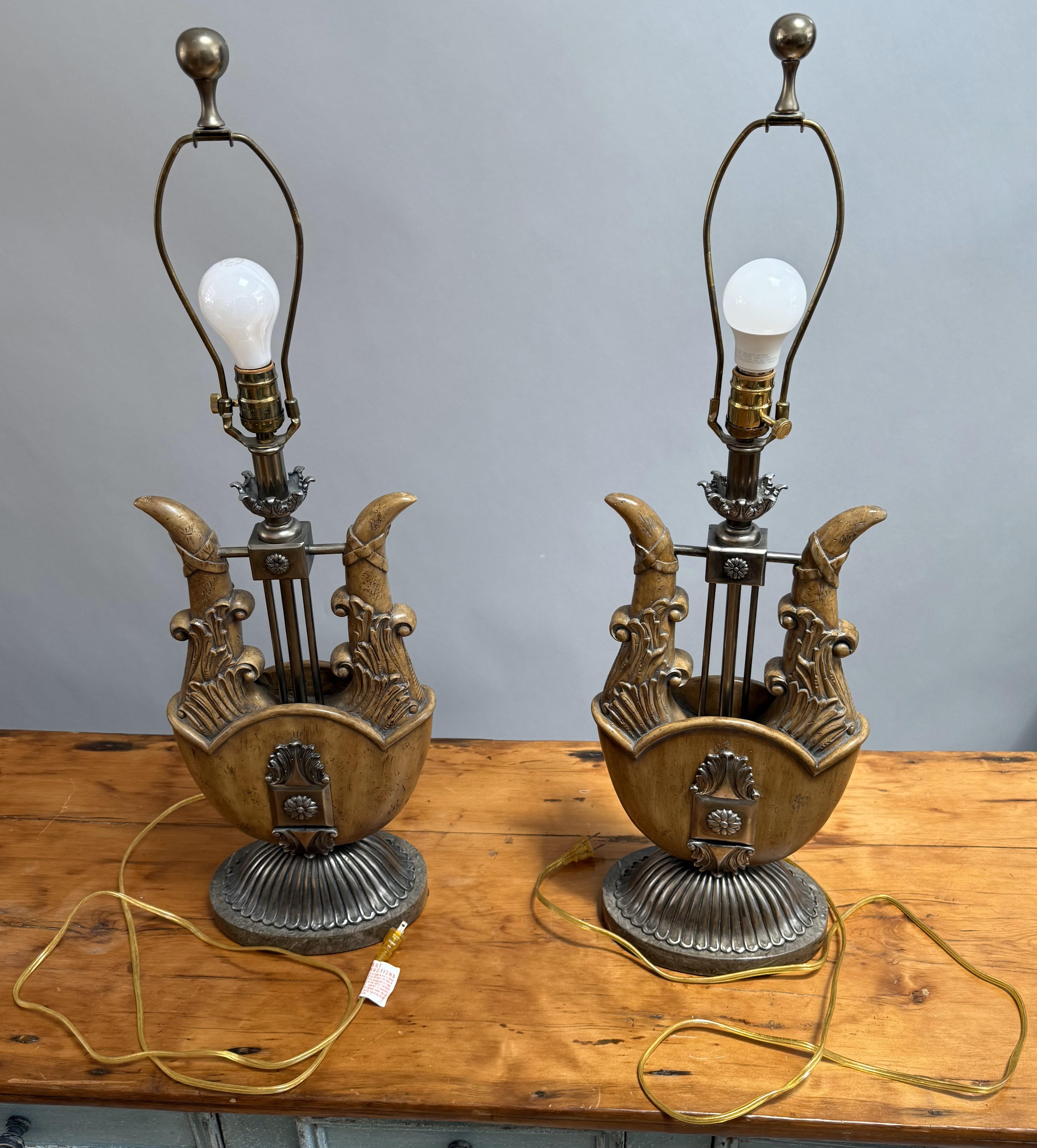 Unusual Pair of Neoclassical Lyre-Form Table Lamps For Sale 5