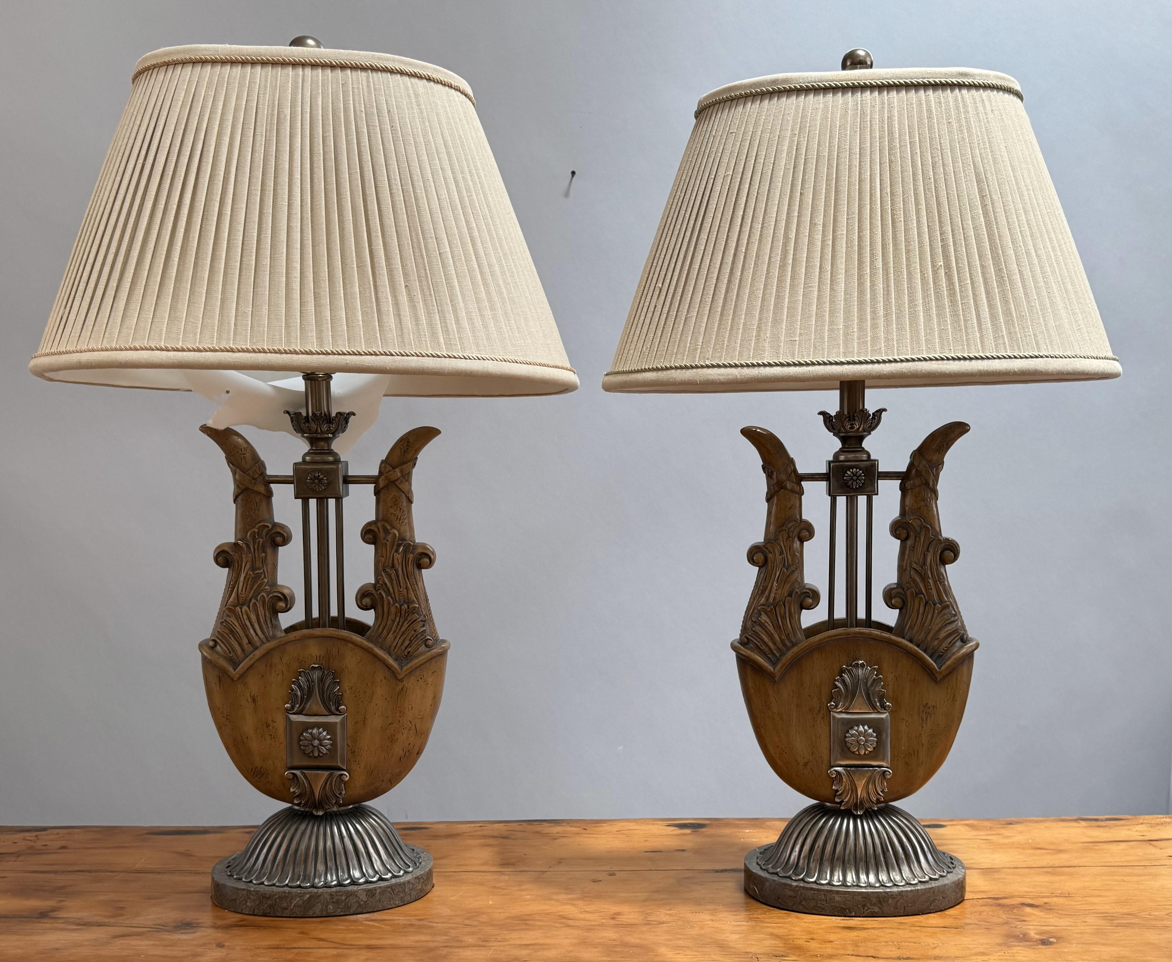 American Unusual Pair of Neoclassical Lyre-Form Table Lamps For Sale