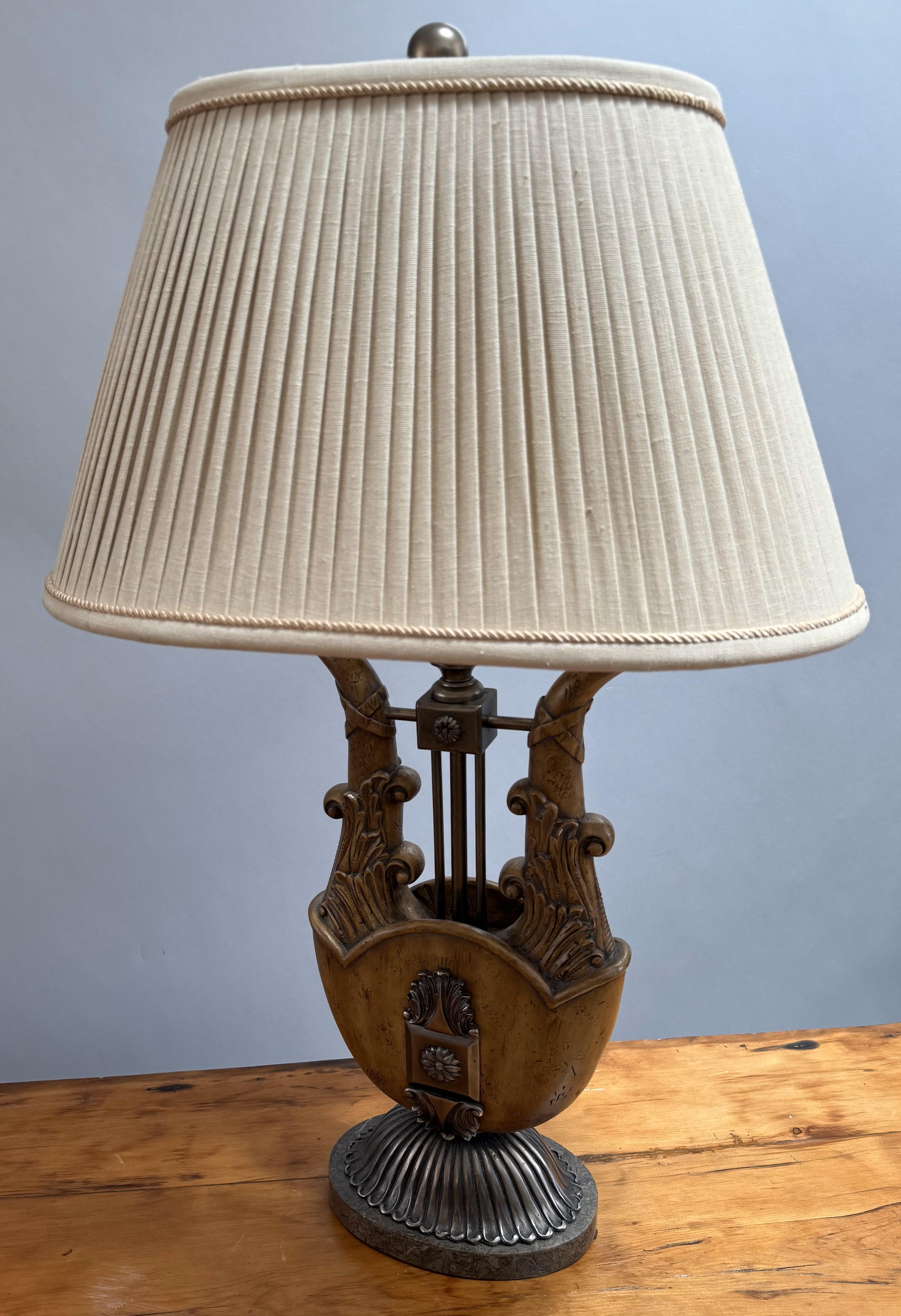 Metal Unusual Pair of Neoclassical Lyre-Form Table Lamps For Sale