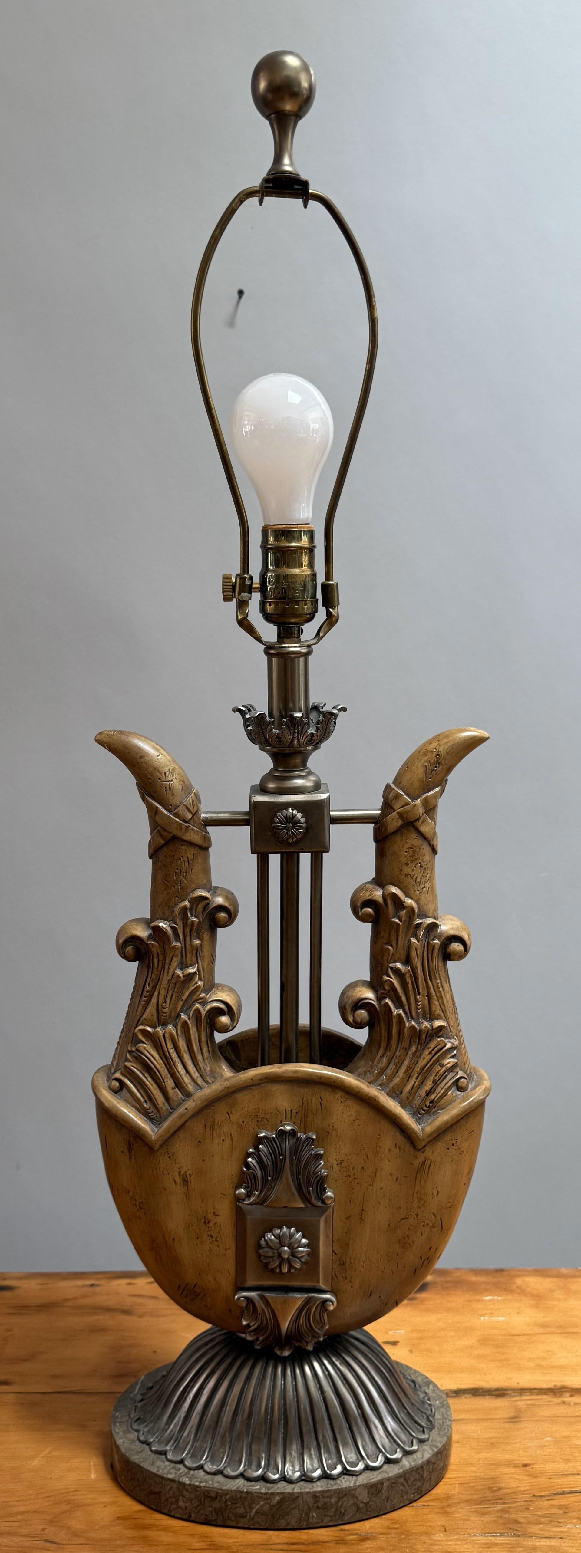 Unusual Pair of Neoclassical Lyre-Form Table Lamps For Sale 1