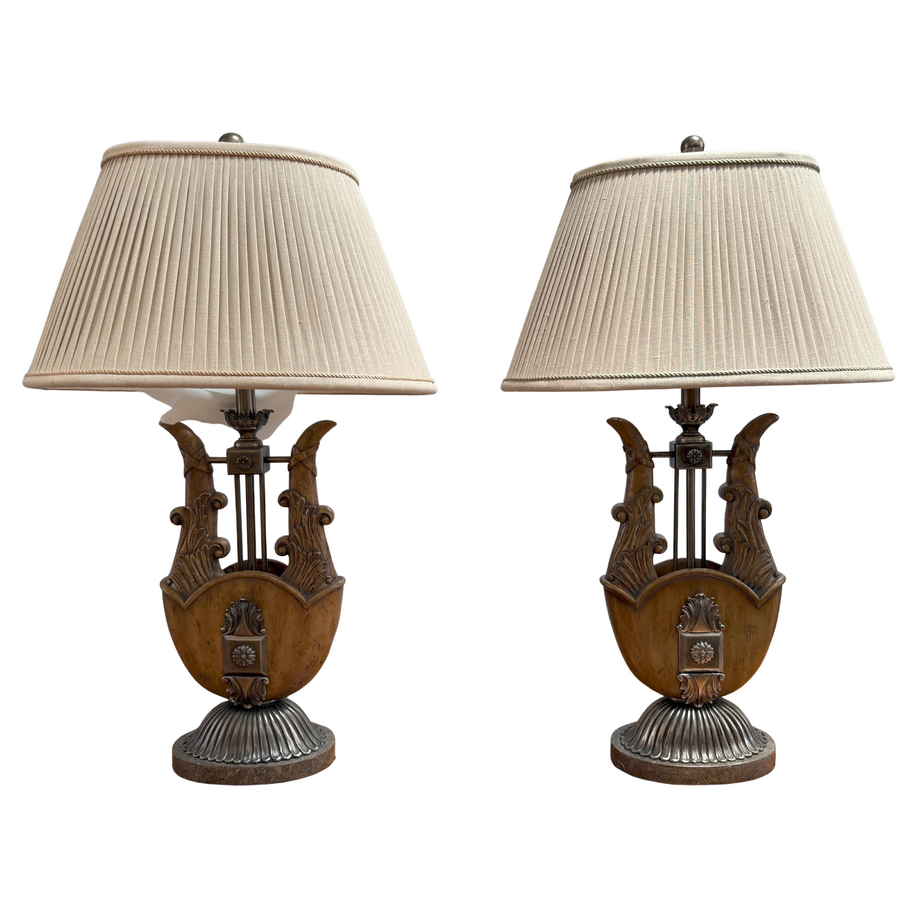 Unusual Pair of Neoclassical Lyre-Form Table Lamps