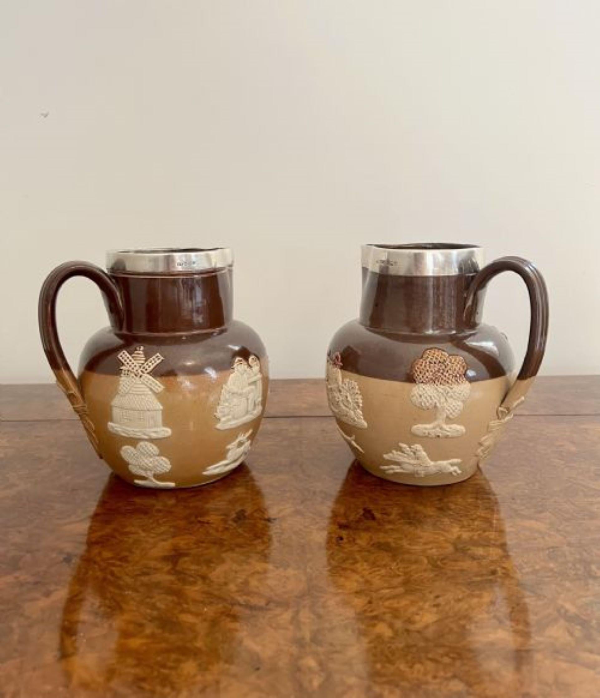 Unusual pair of quality antique Doulton Lambeth harvest jugs with silver rims  In Good Condition For Sale In Ipswich, GB