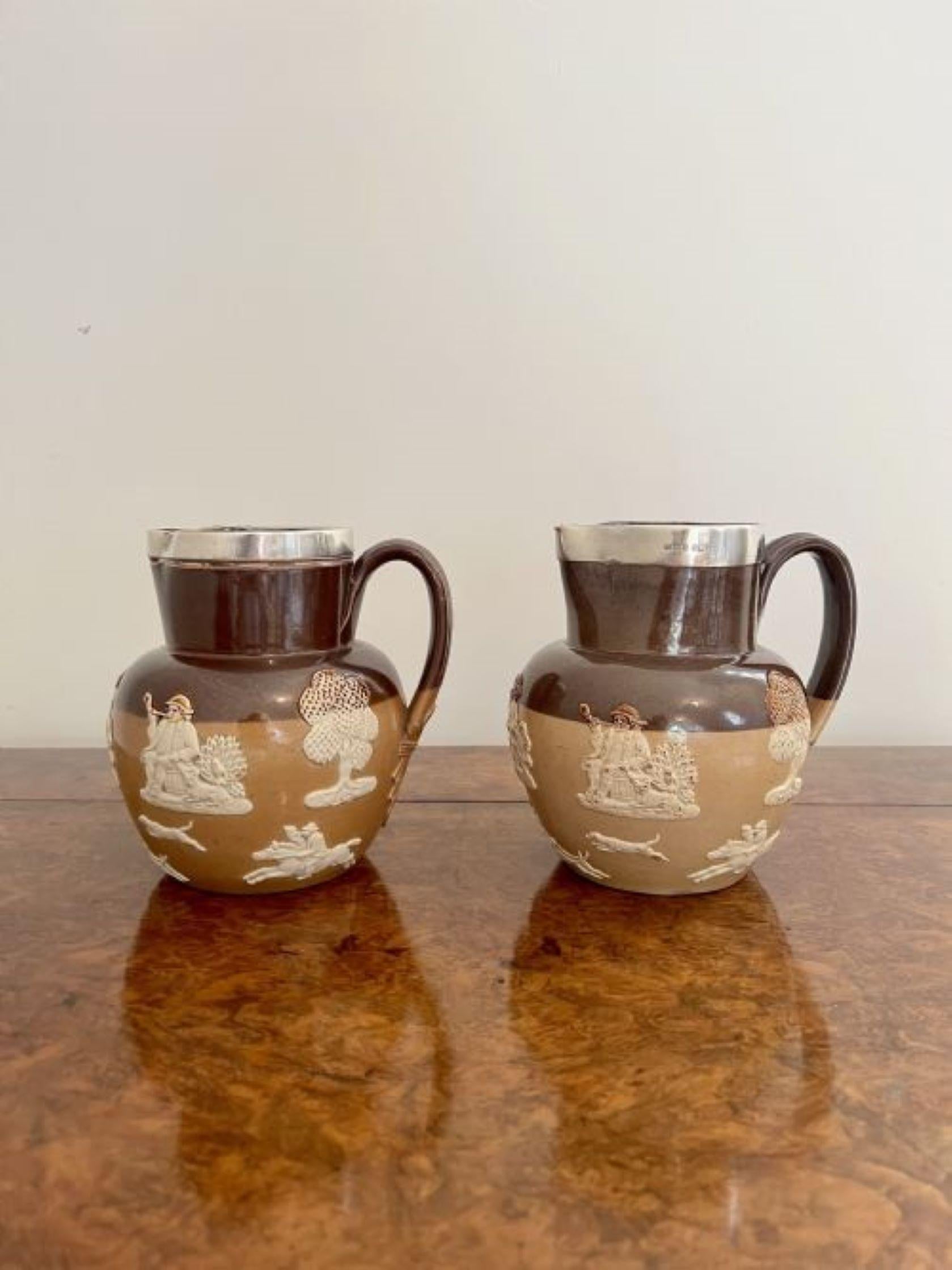 19th Century Unusual pair of quality antique Doulton Lambeth harvest jugs with silver rims  For Sale