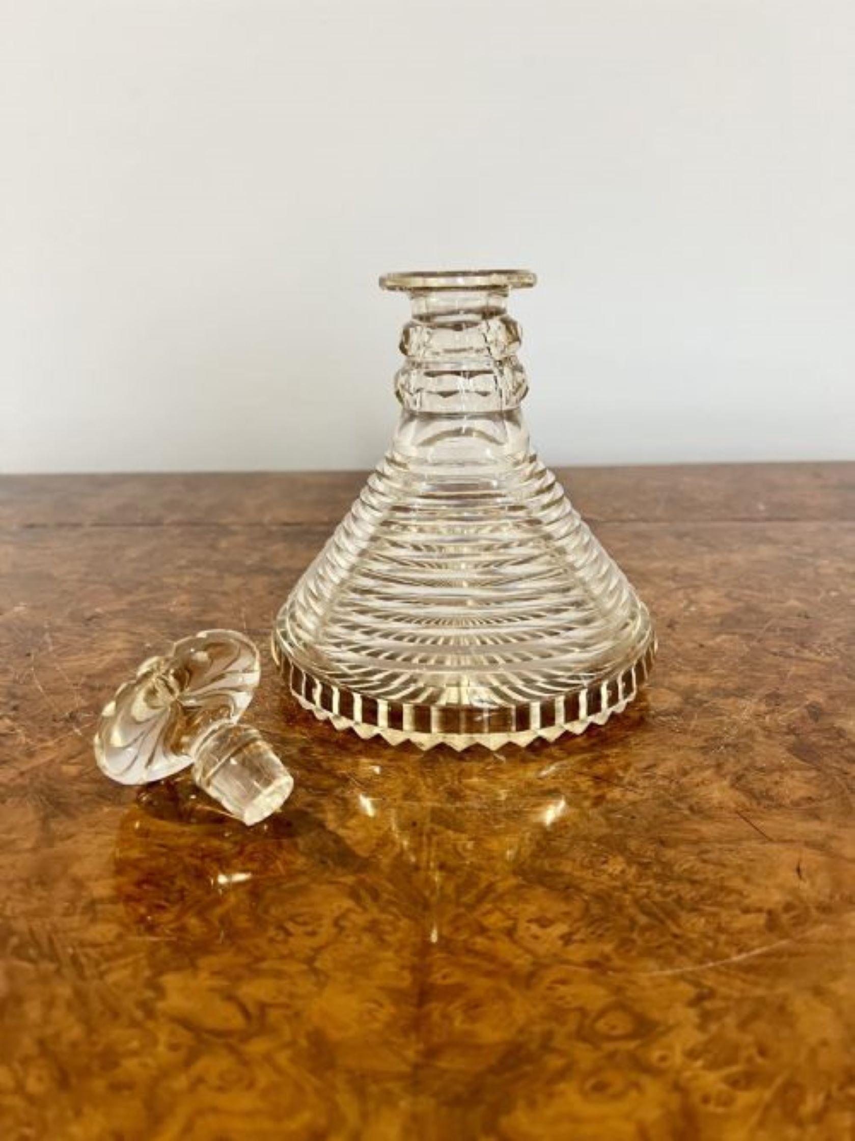 Unusual pair of quality George III cut glass ships decanters, having a quality pair of George III cut glass decanters with mushroom shaped stoppers 