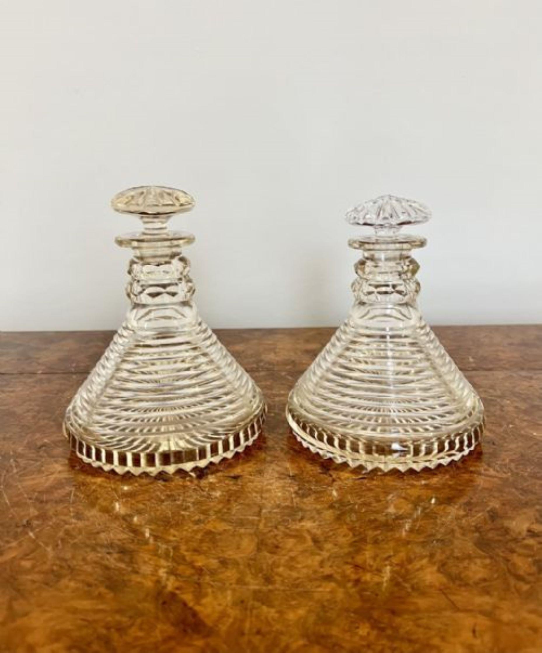 19th Century Unusual pair of quality George III cut glass ships decanters  For Sale