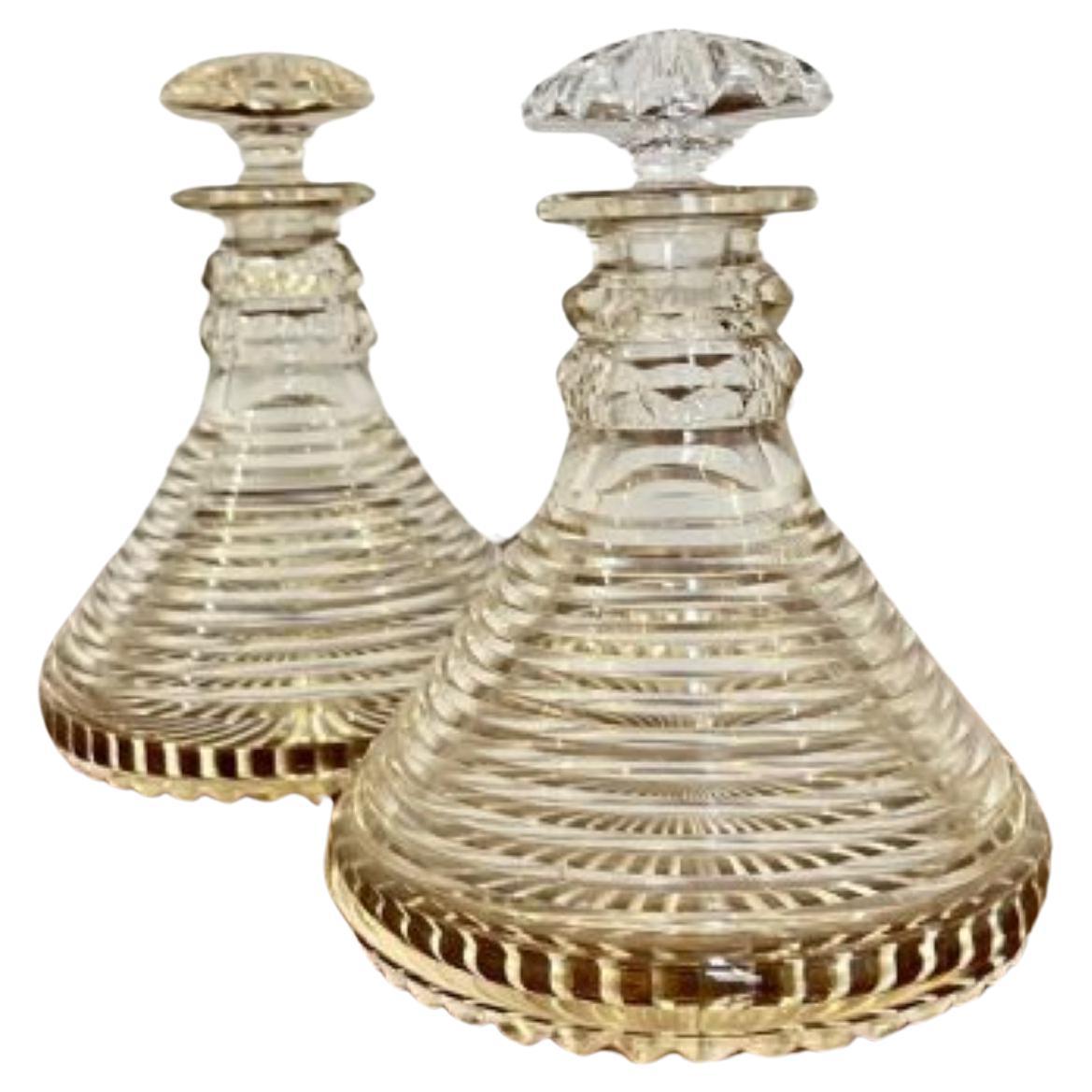 Unusual pair of quality George III cut glass ships decanters  For Sale