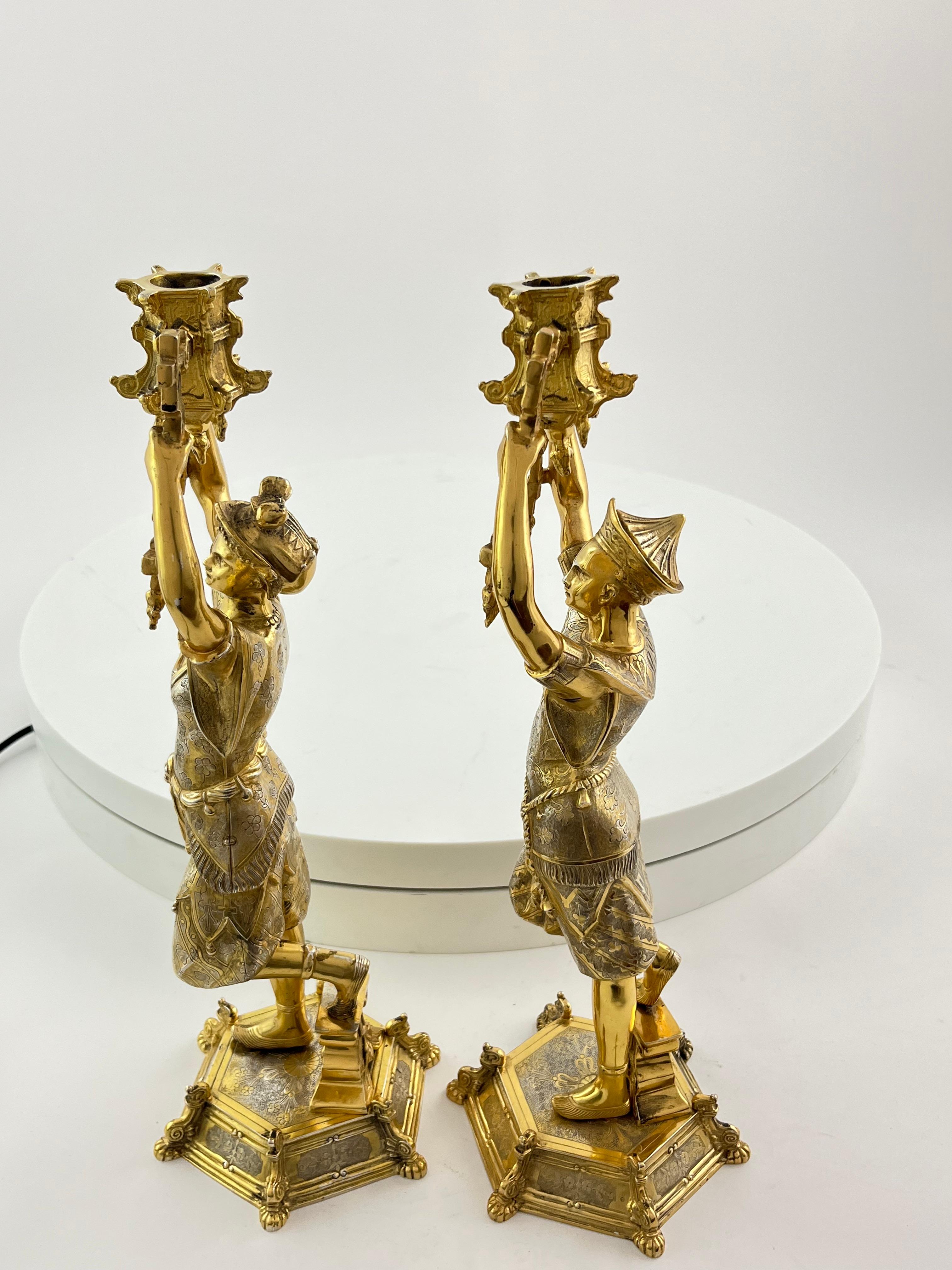 Unusual pair of silver gilt candlesticks circa 1900 For Sale 7