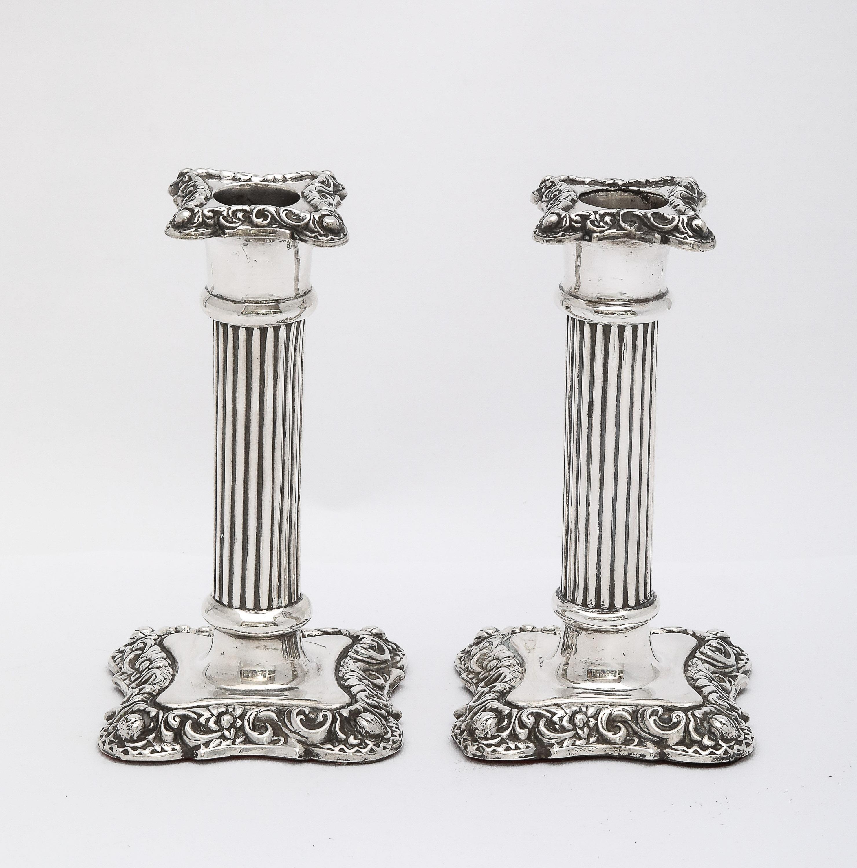 English Unusual Pair of Victorian Period Sterling Silver Column-Form Candlesticks