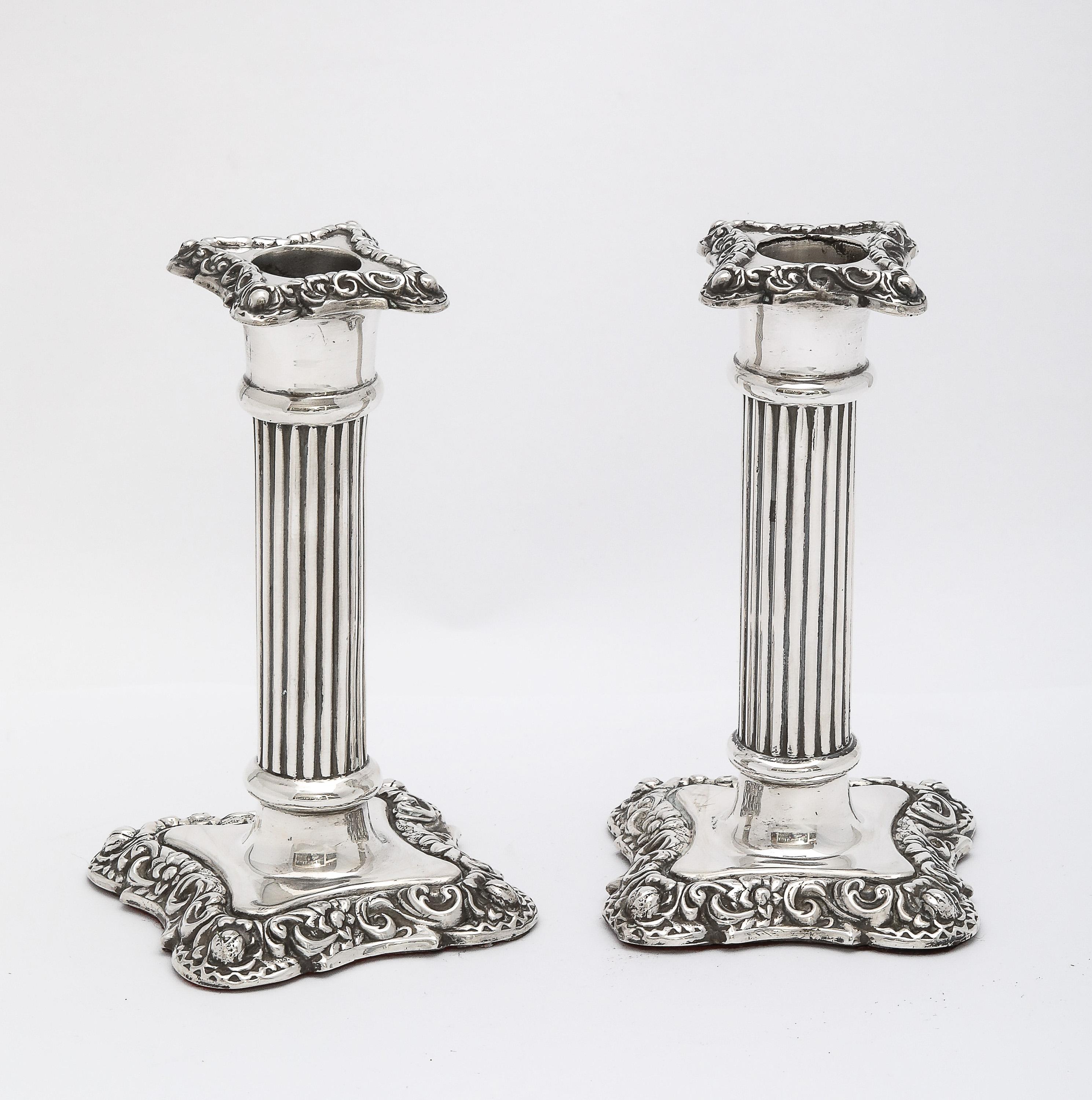 Unusual Pair of Victorian Period Sterling Silver Column-Form Candlesticks In Good Condition In New York, NY