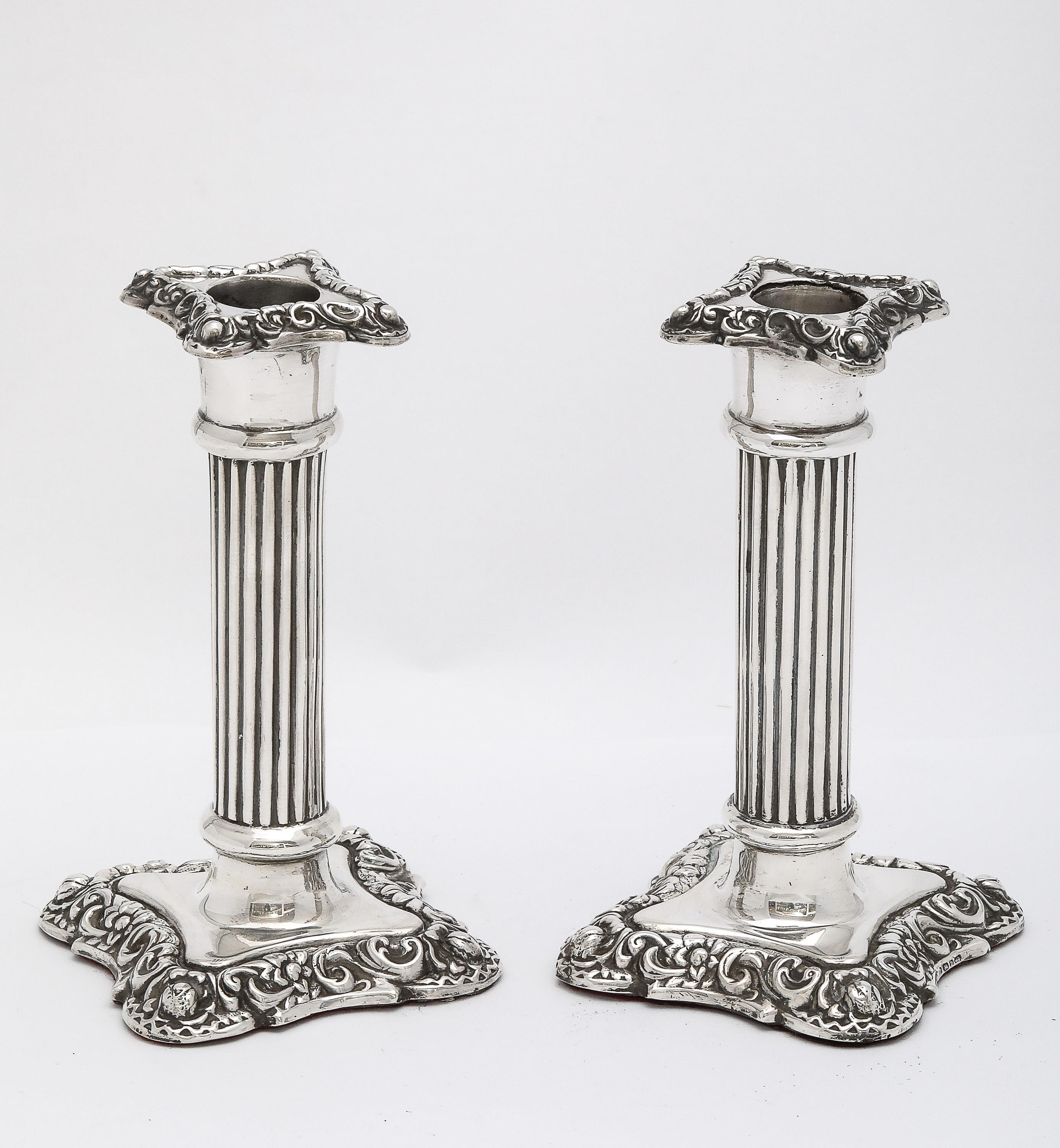 Late 19th Century Unusual Pair of Victorian Period Sterling Silver Column-Form Candlesticks