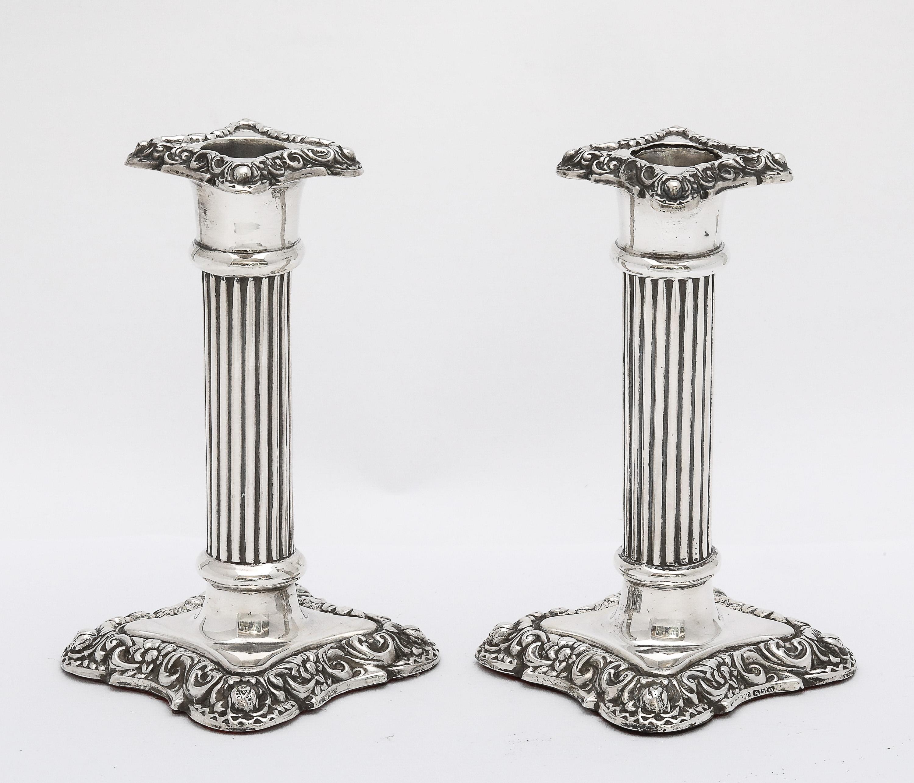 Unusual Pair of Victorian Period Sterling Silver Column-Form Candlesticks 1