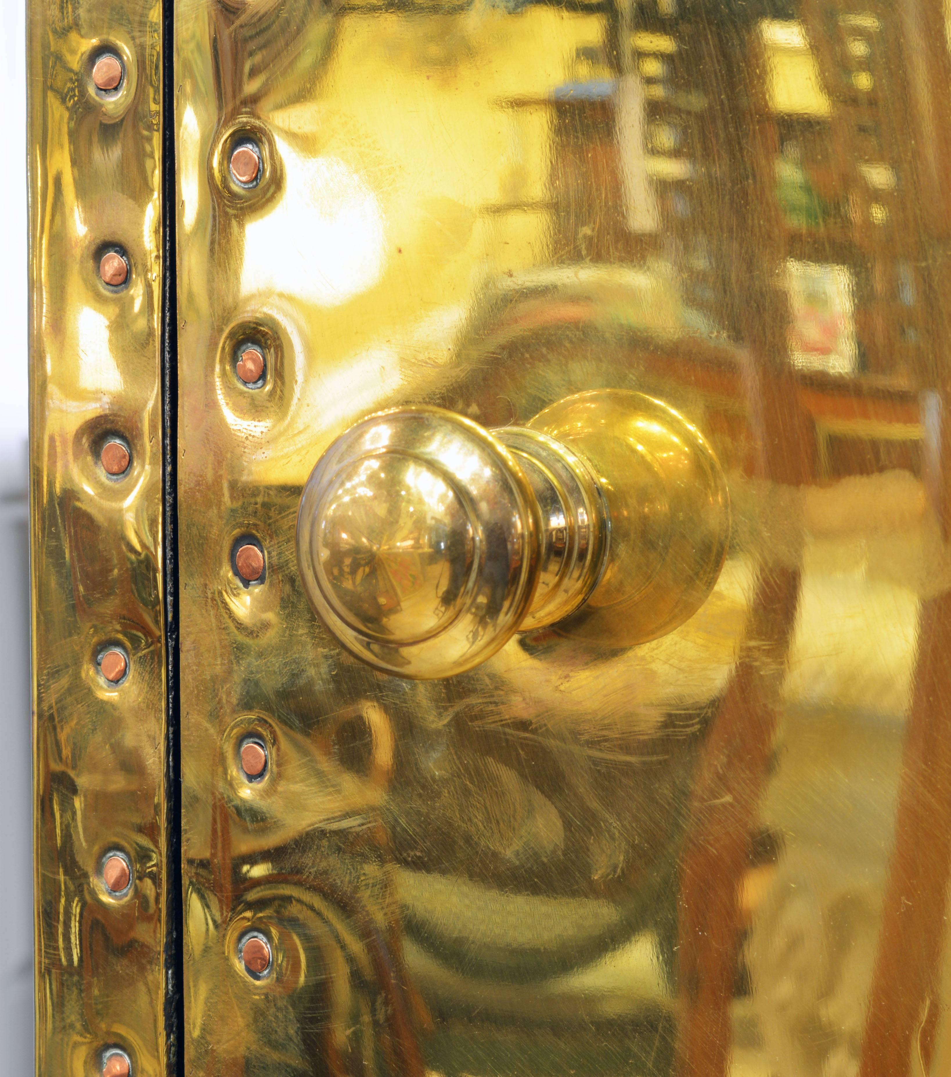 Unusual Pair of Vintage Sarreid Style Copper Nail Brass Clad Pedestal Cabinets 3
