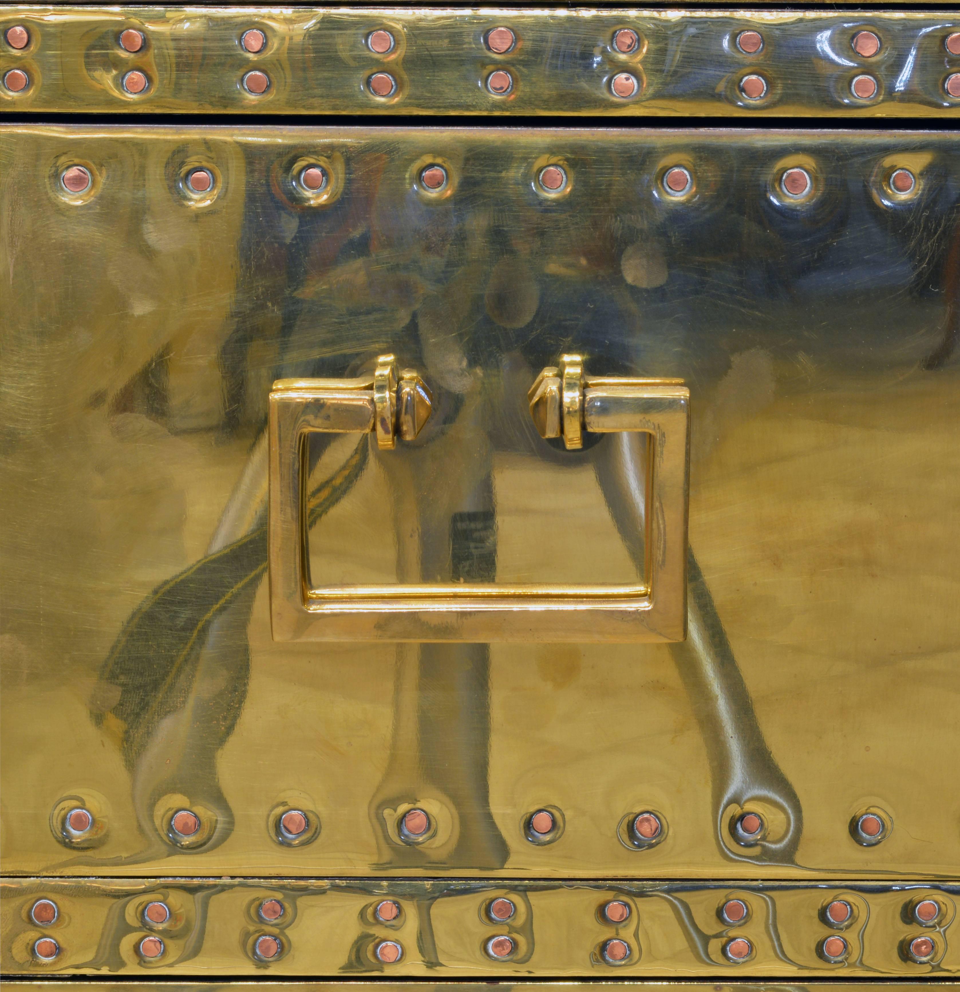 20th Century Unusual Pair of Vintage Sarreid Style Copper Nail Brass Clad Pedestal Cabinets