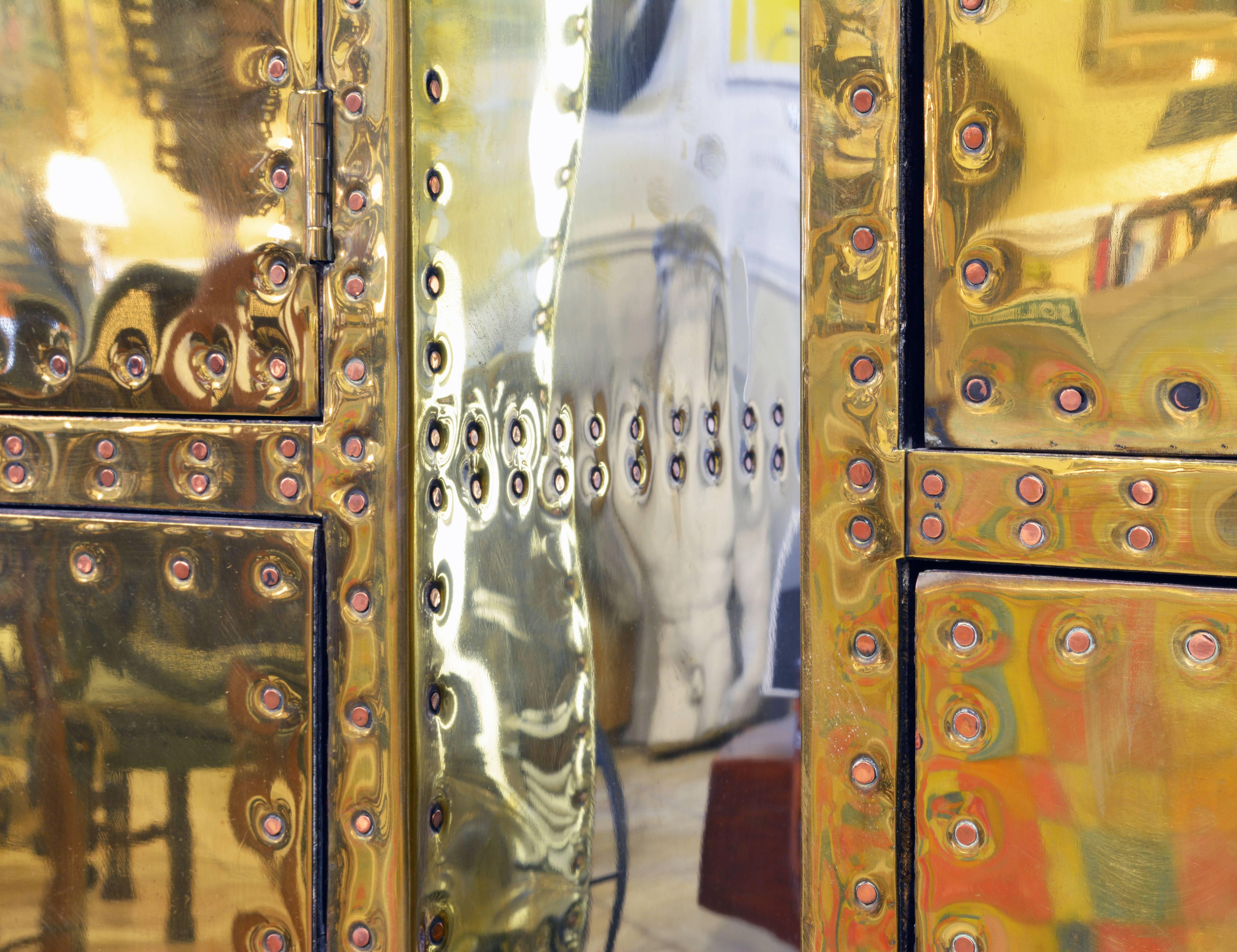 Unusual Pair of Vintage Sarreid Style Copper Nail Brass Clad Pedestal Cabinets 1