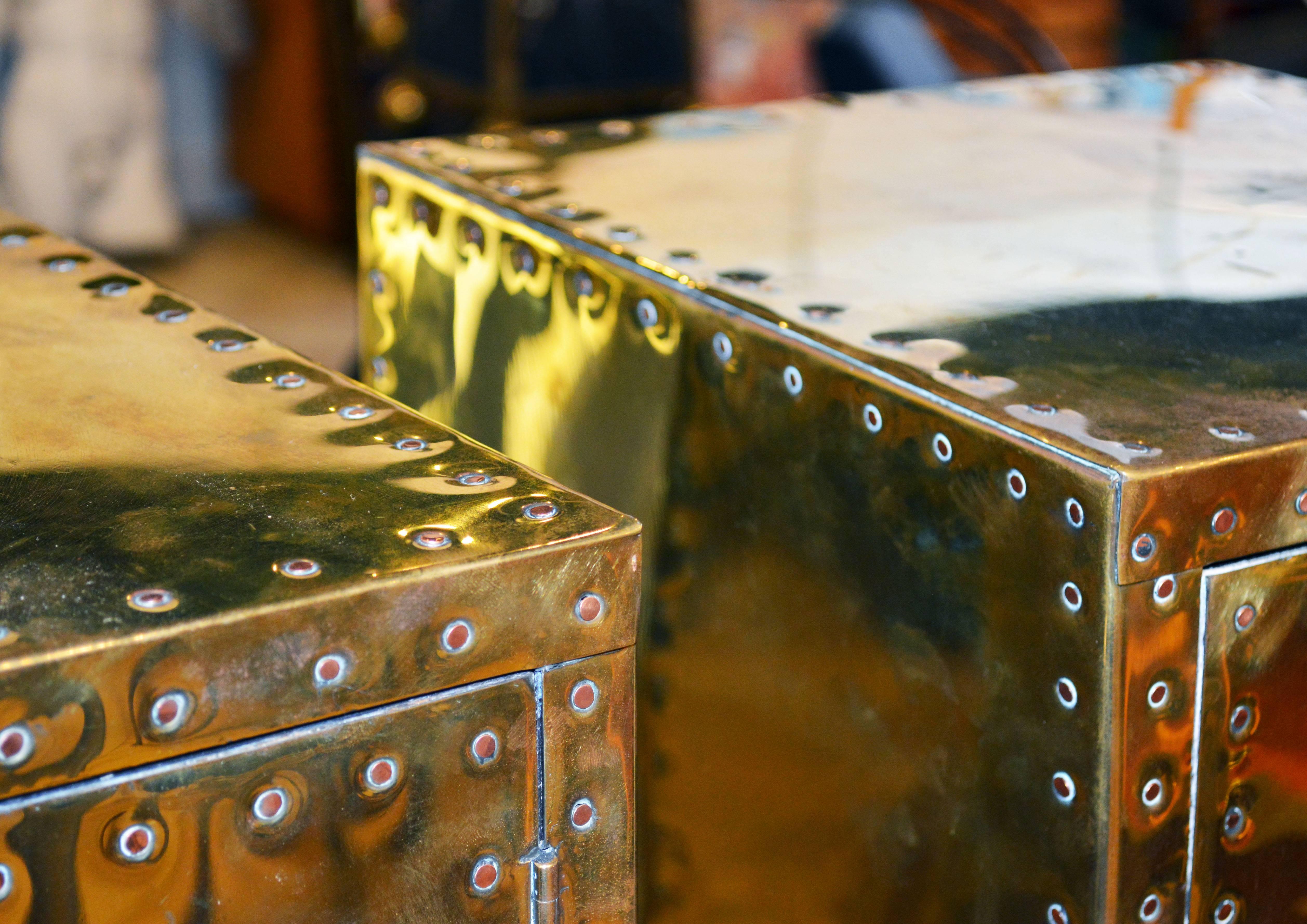 Unusual Pair of Vintage Sarreid Style Copper Nail Brass Clad Pedestal Cabinets 2