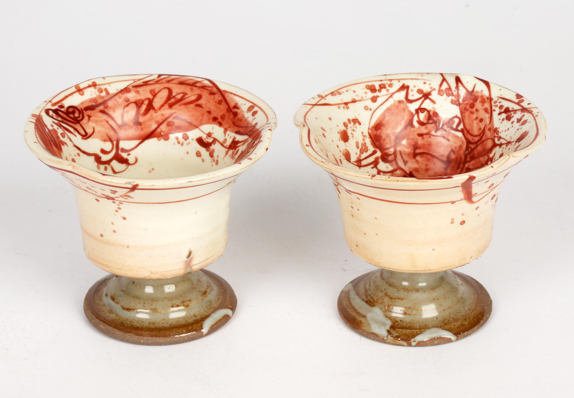 Unusual Pair Pedestal Studio Pottery Cups Painted with Fish and Crab For Sale 4