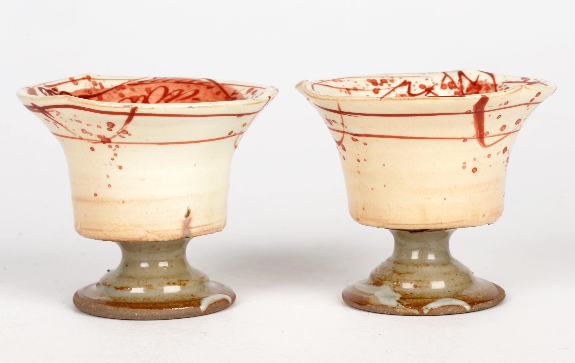 Japanese Unusual Pair Pedestal Studio Pottery Cups Painted with Fish and Crab For Sale