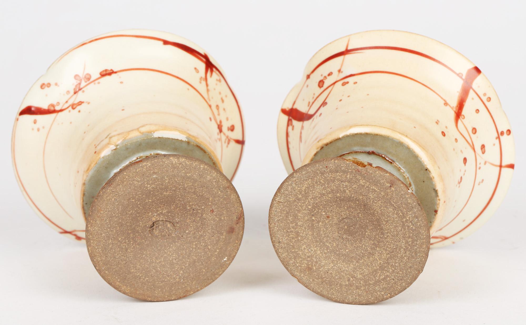 Hand-Crafted Unusual Pair Pedestal Studio Pottery Cups Painted with Fish and Crab For Sale