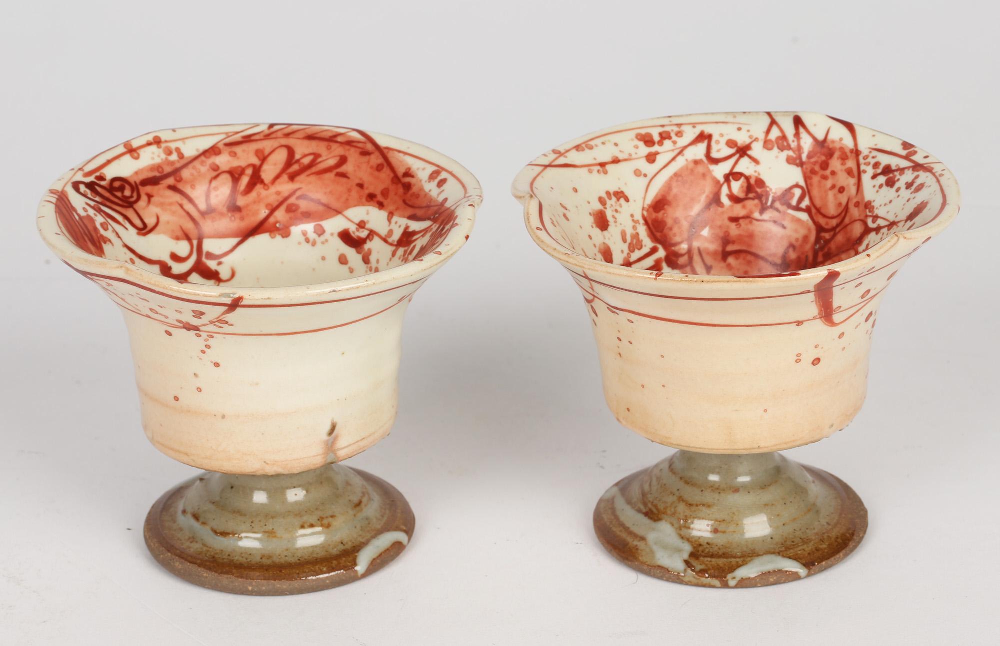 20th Century Unusual Pair Pedestal Studio Pottery Cups Painted with Fish and Crab For Sale