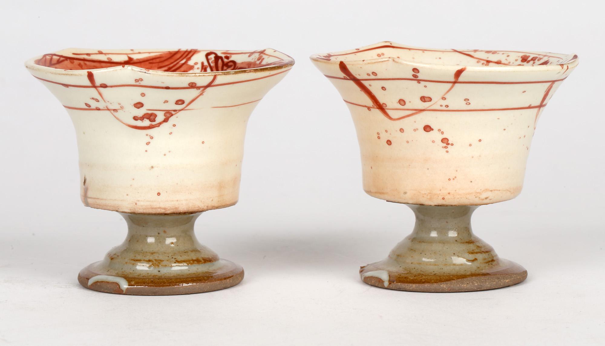 Stoneware Unusual Pair Pedestal Studio Pottery Cups Painted with Fish and Crab For Sale
