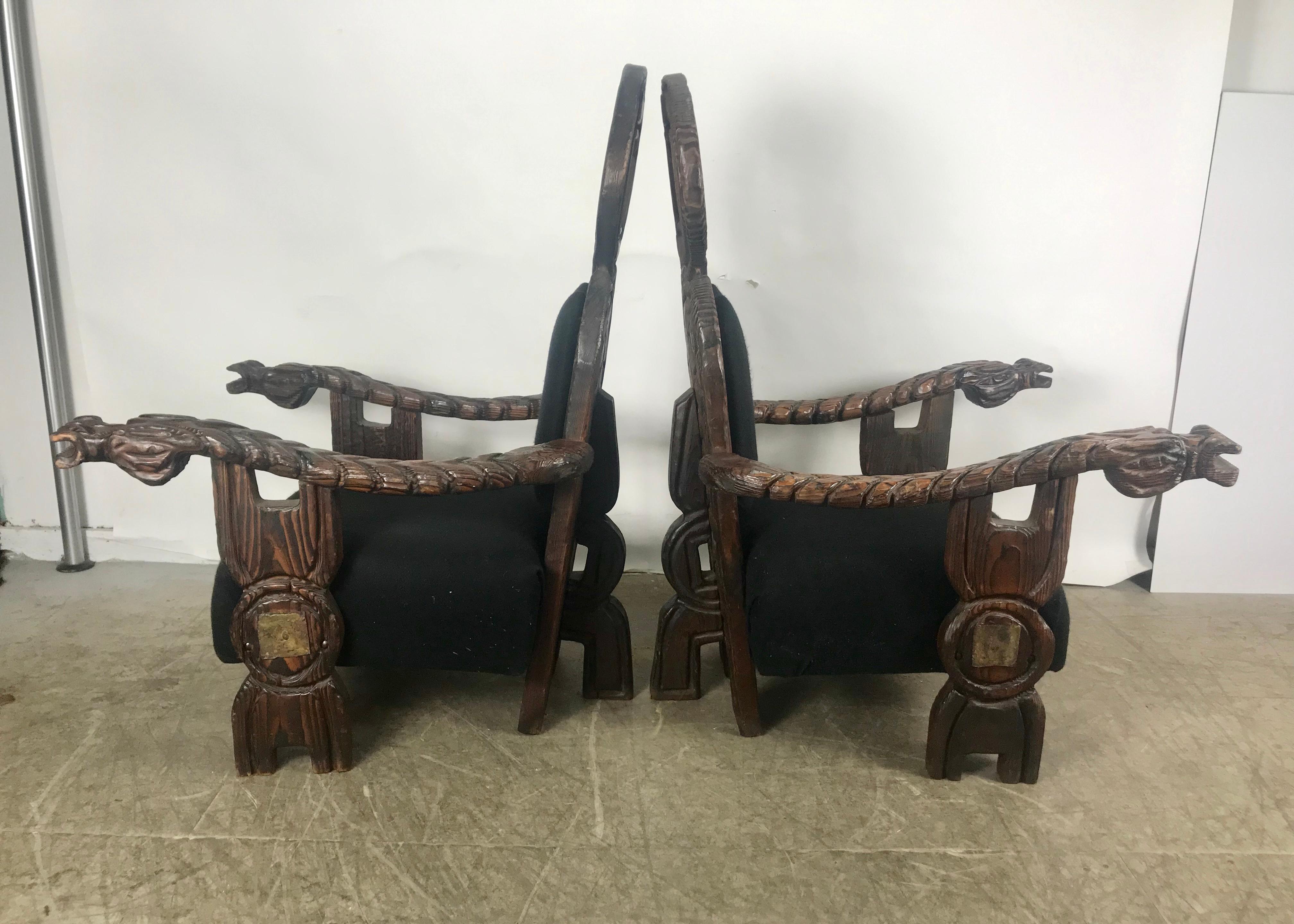 Carved Unusual Pair Teki Modern Lounge Chairs by William Westenhaver for Witco For Sale