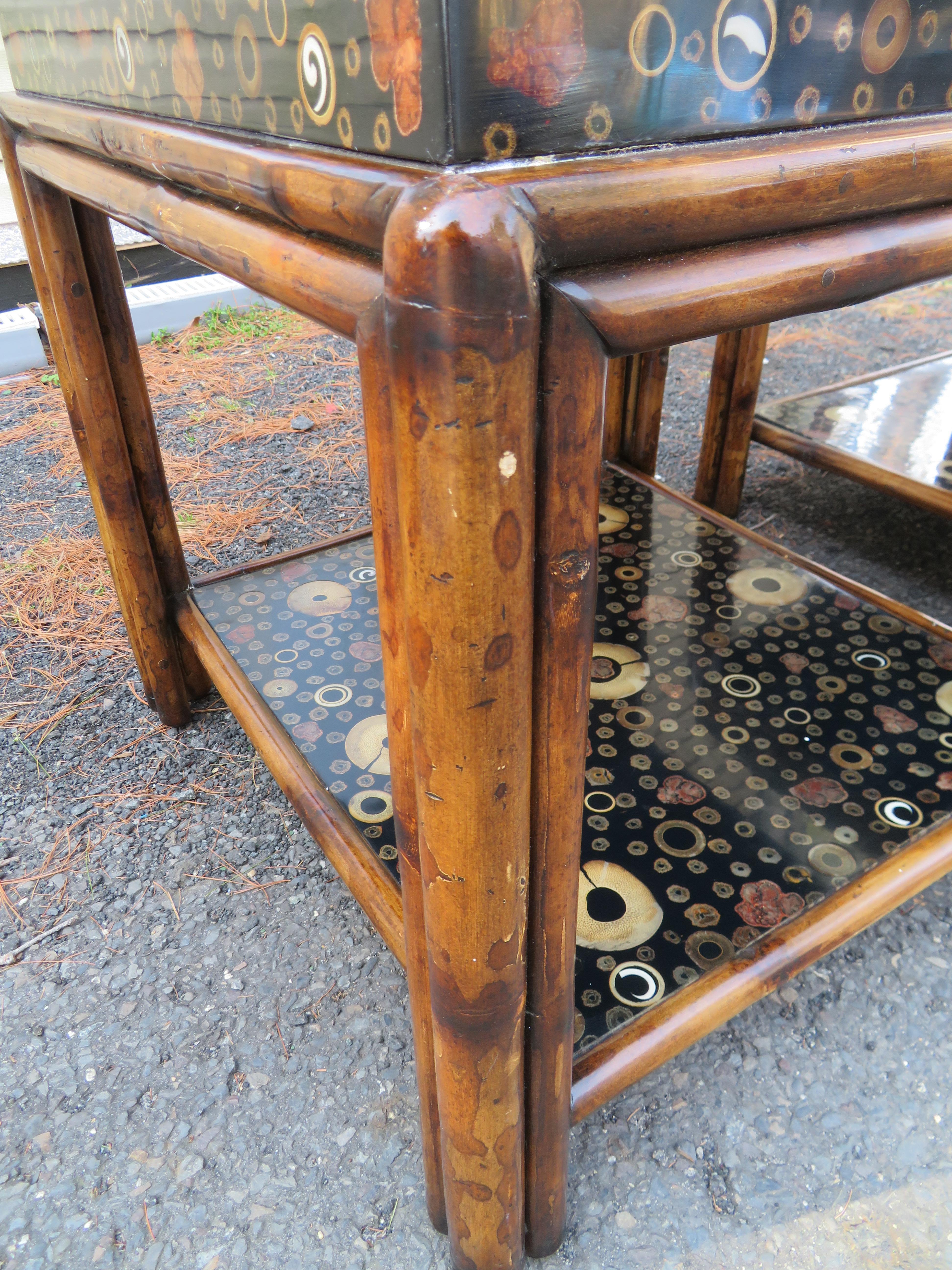 Unusual Pair Theodore Alexander Bamboo Rattan Side/End Tables For Sale 8