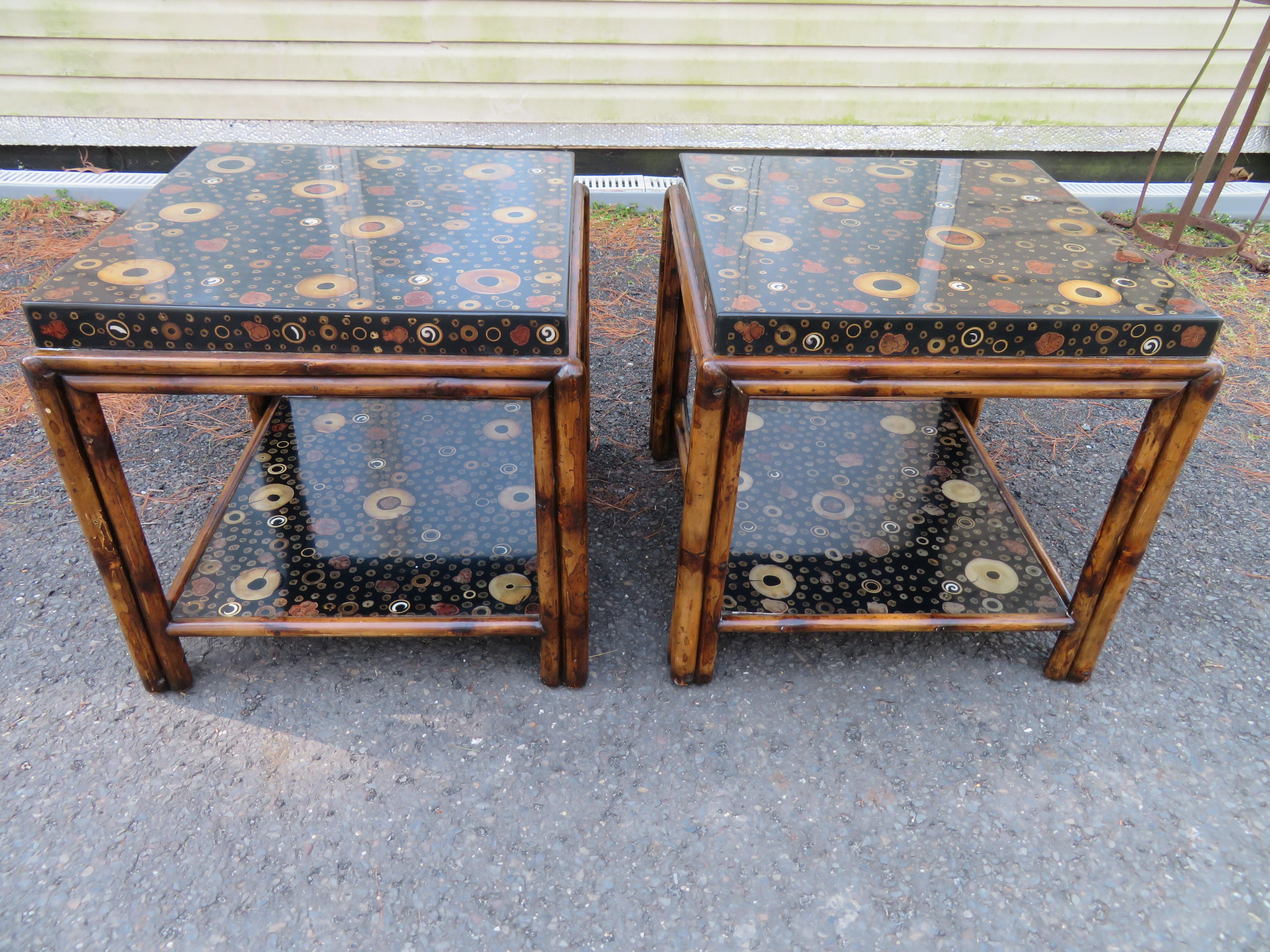 Unusual Pair Theodore Alexander Bamboo Rattan Side/End Tables For Sale 10