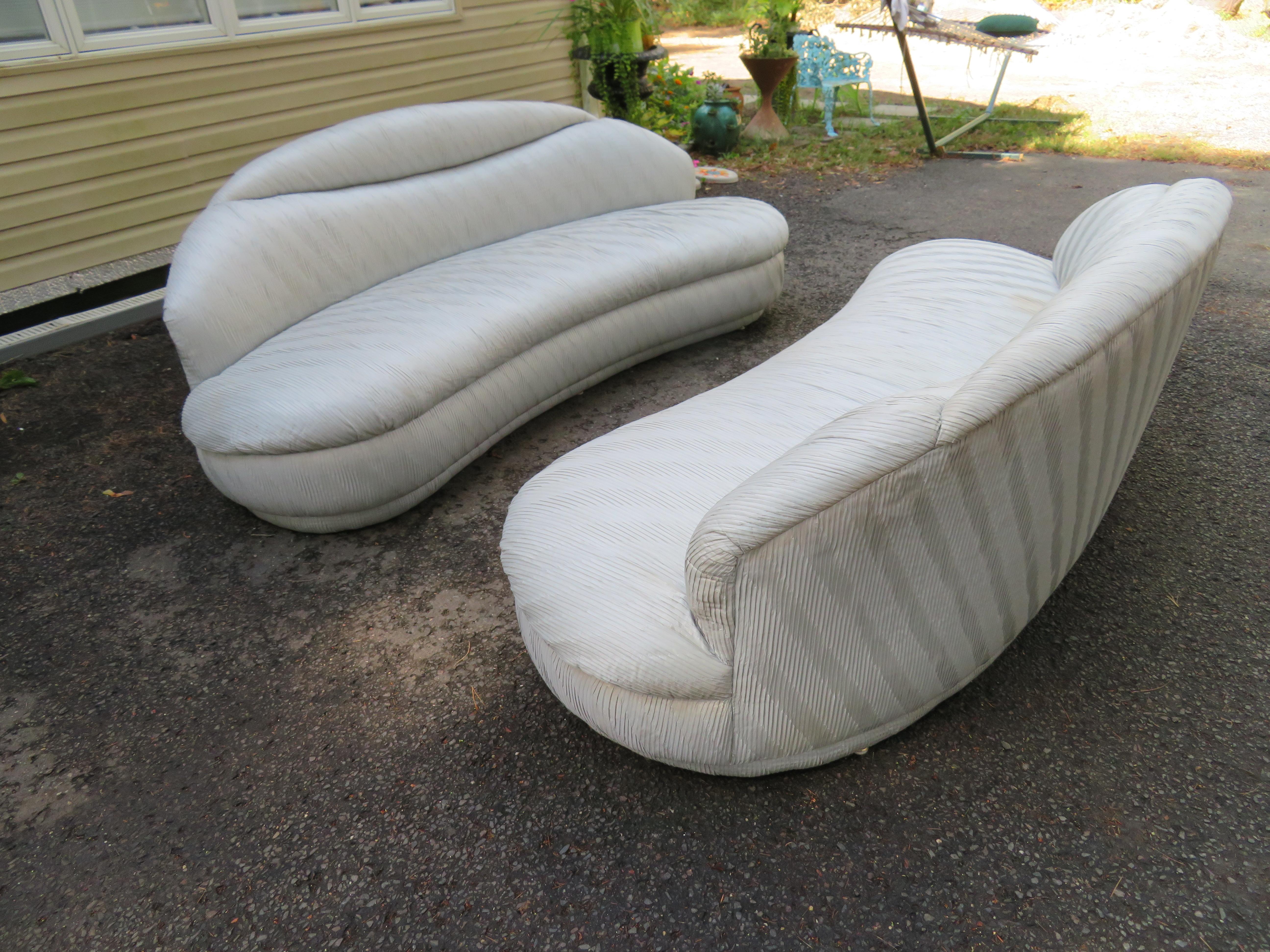 Unusual Pair of  Weiman Ruched Kidney Shaped Curved Sofa For Sale 3