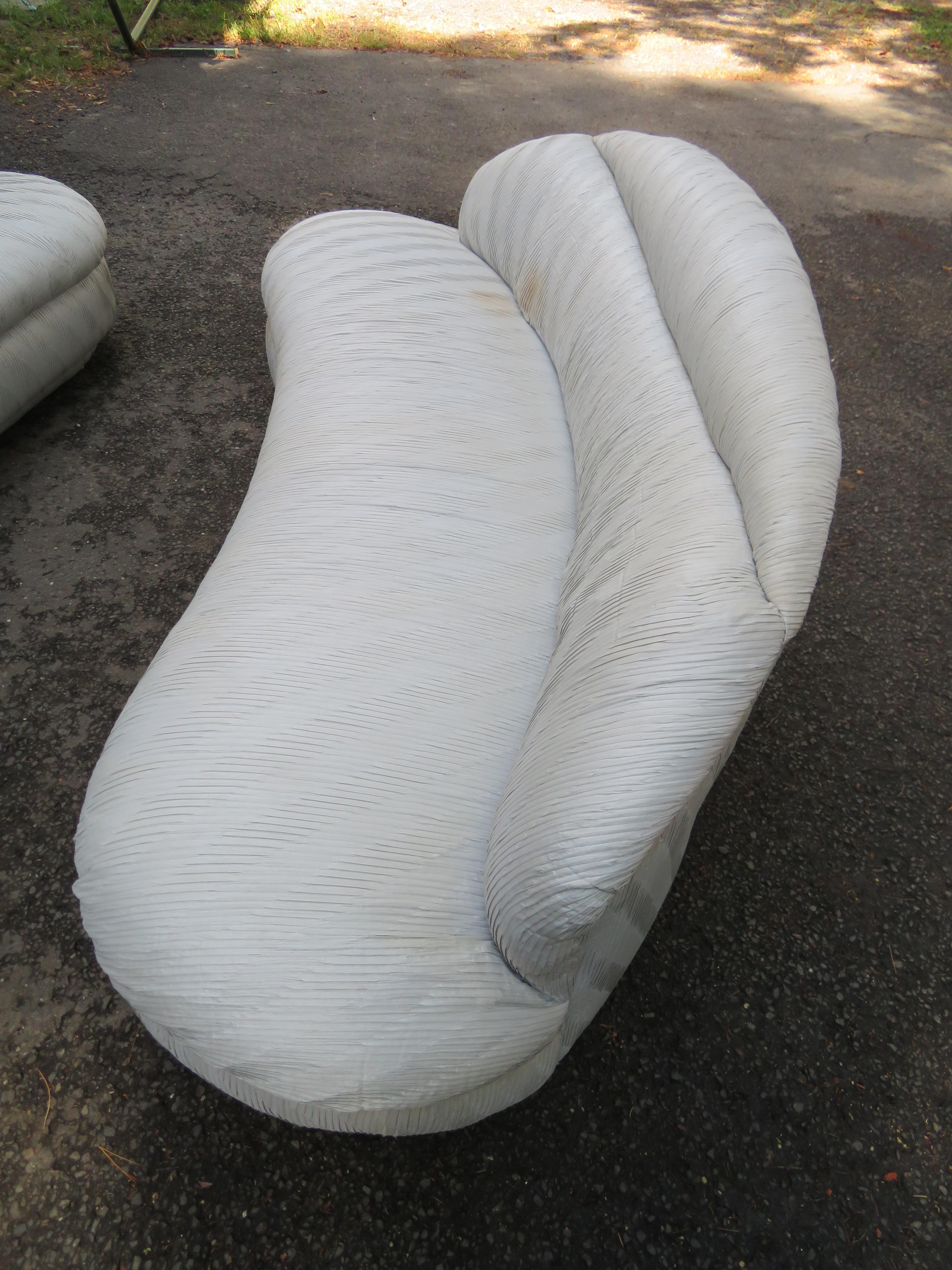 Unusual Pair of  Weiman Ruched Kidney Shaped Curved Sofa For Sale 4