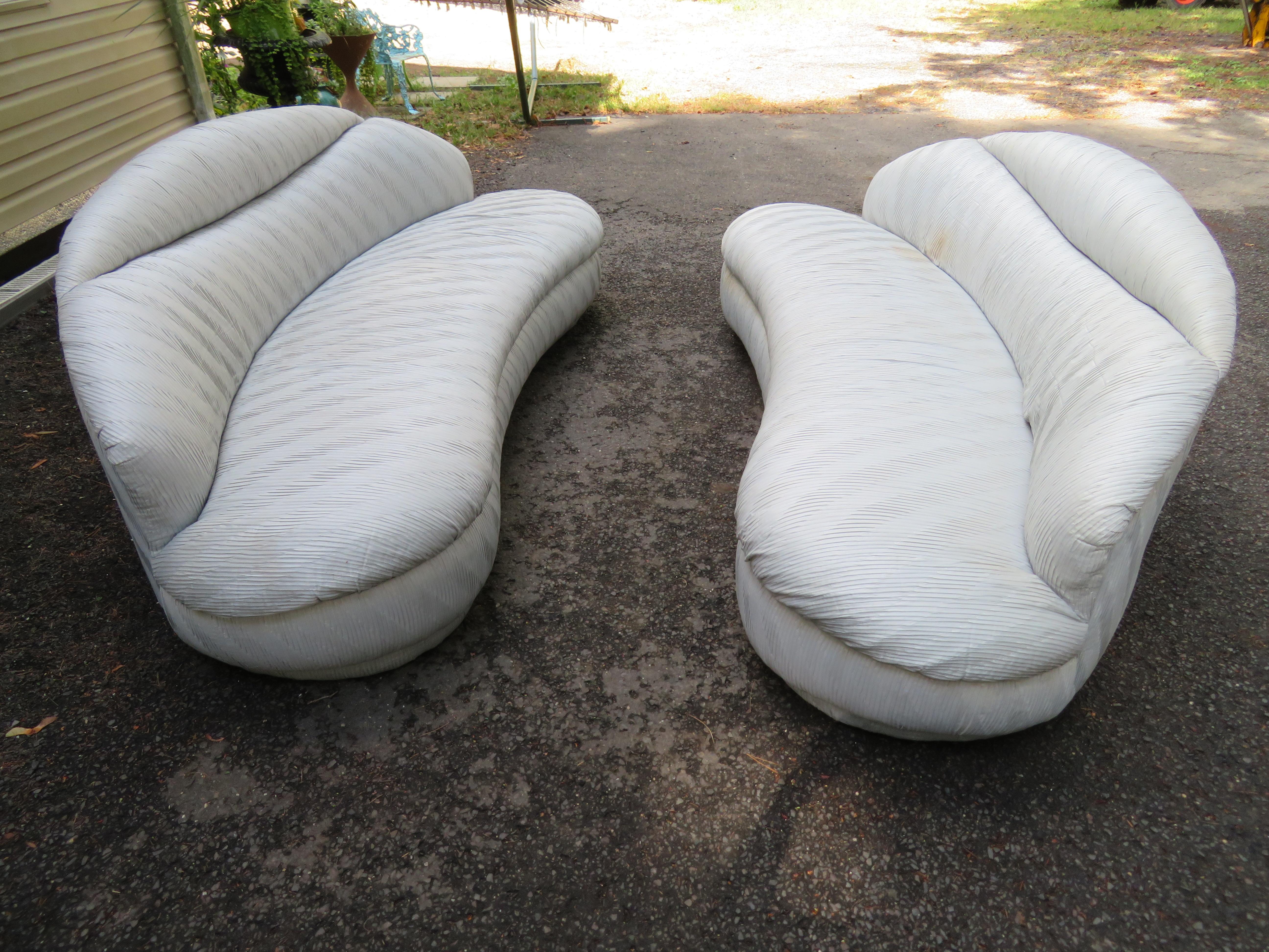 Unusual Pair of  Weiman Ruched Kidney Shaped Curved Sofa For Sale 9