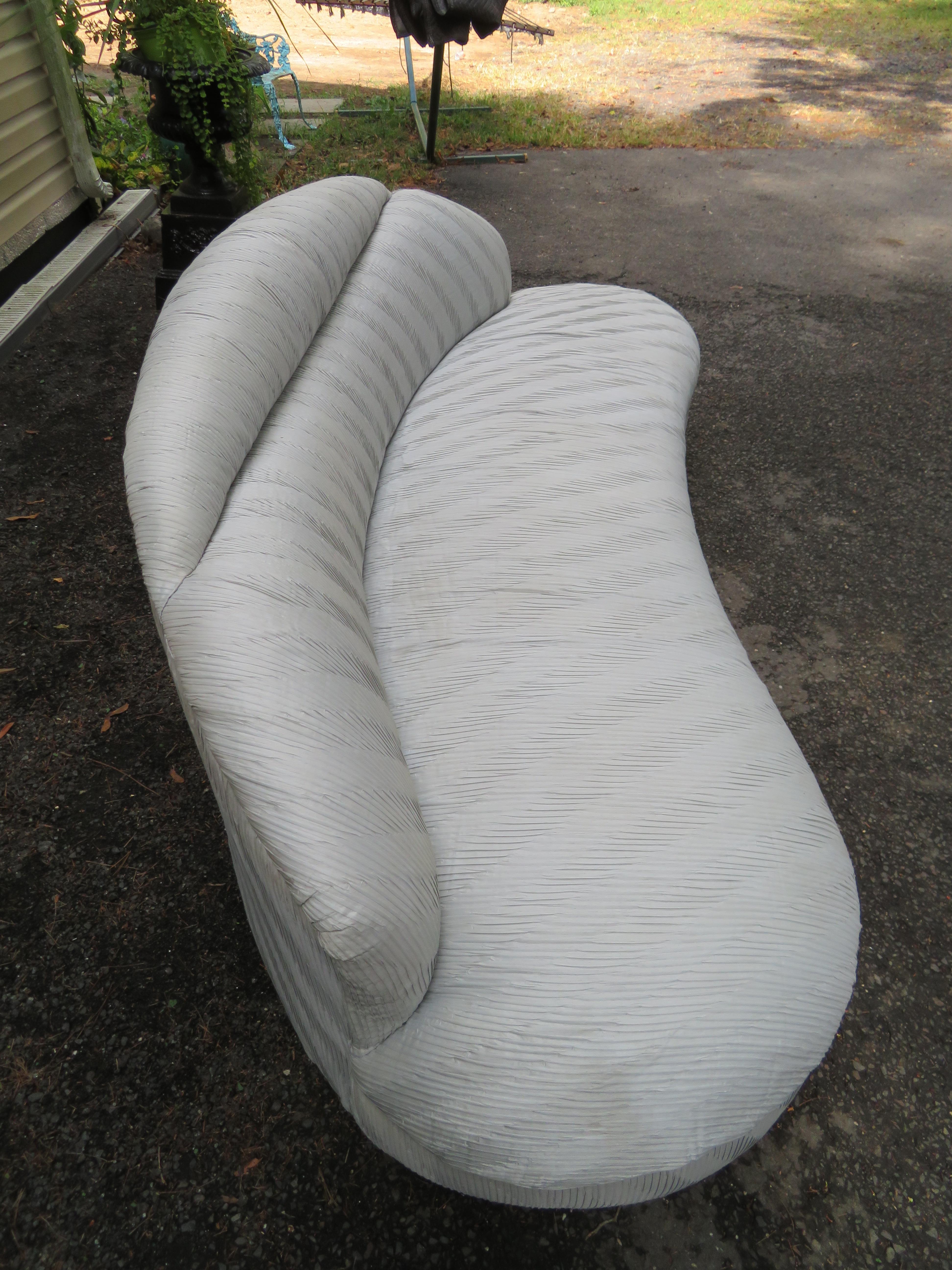 Mid-Century Modern Unusual Pair of  Weiman Ruched Kidney Shaped Curved Sofa For Sale