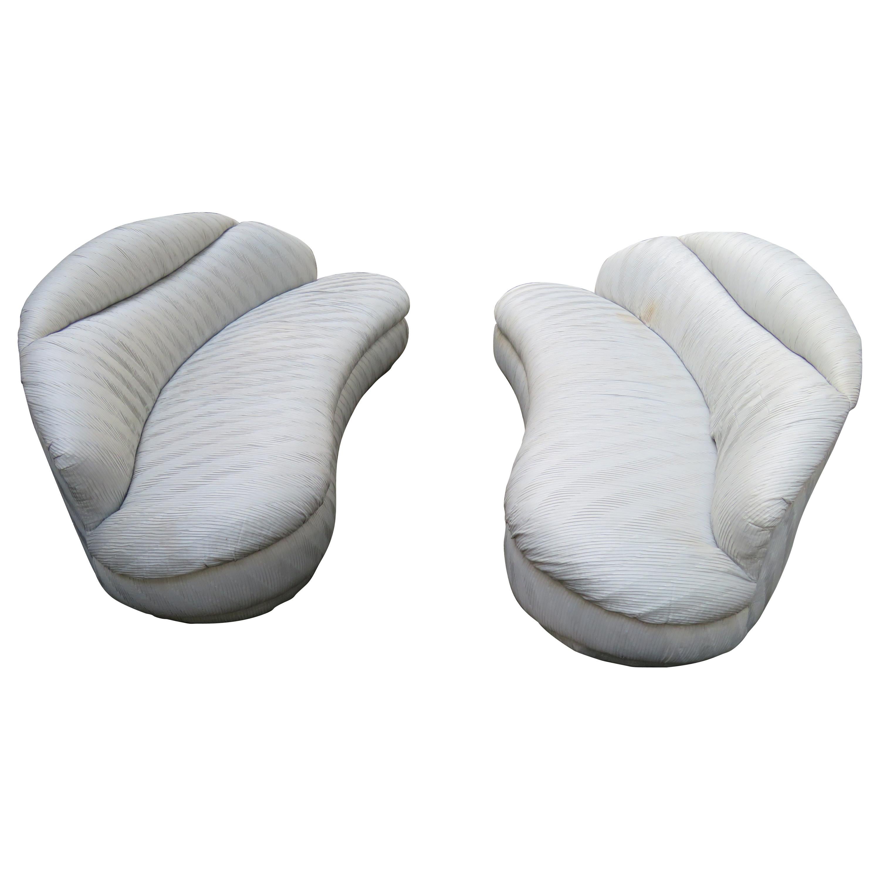 Unusual Pair of  Weiman Ruched Kidney Shaped Curved Sofa For Sale