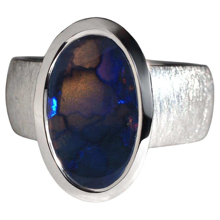 Unusual Patterned Dark Australien Opal SIlver Ring 3.6ct