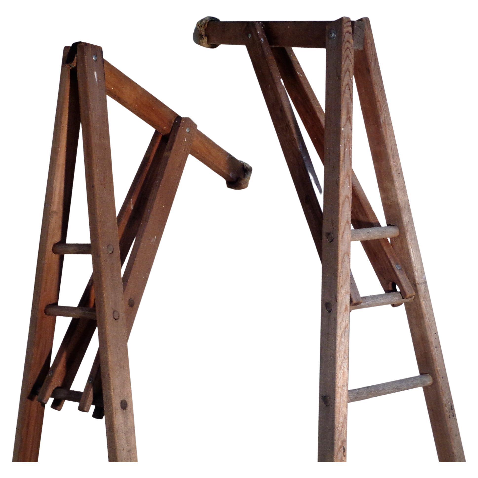 Unusual Old Peak Top Adjustable Arm Orchard Ladders In Good Condition For Sale In Rochester, NY