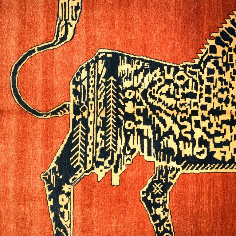 Persian Ferehan Lion Rug, Red, Black, and Gold, 4x6 at 1stDibs