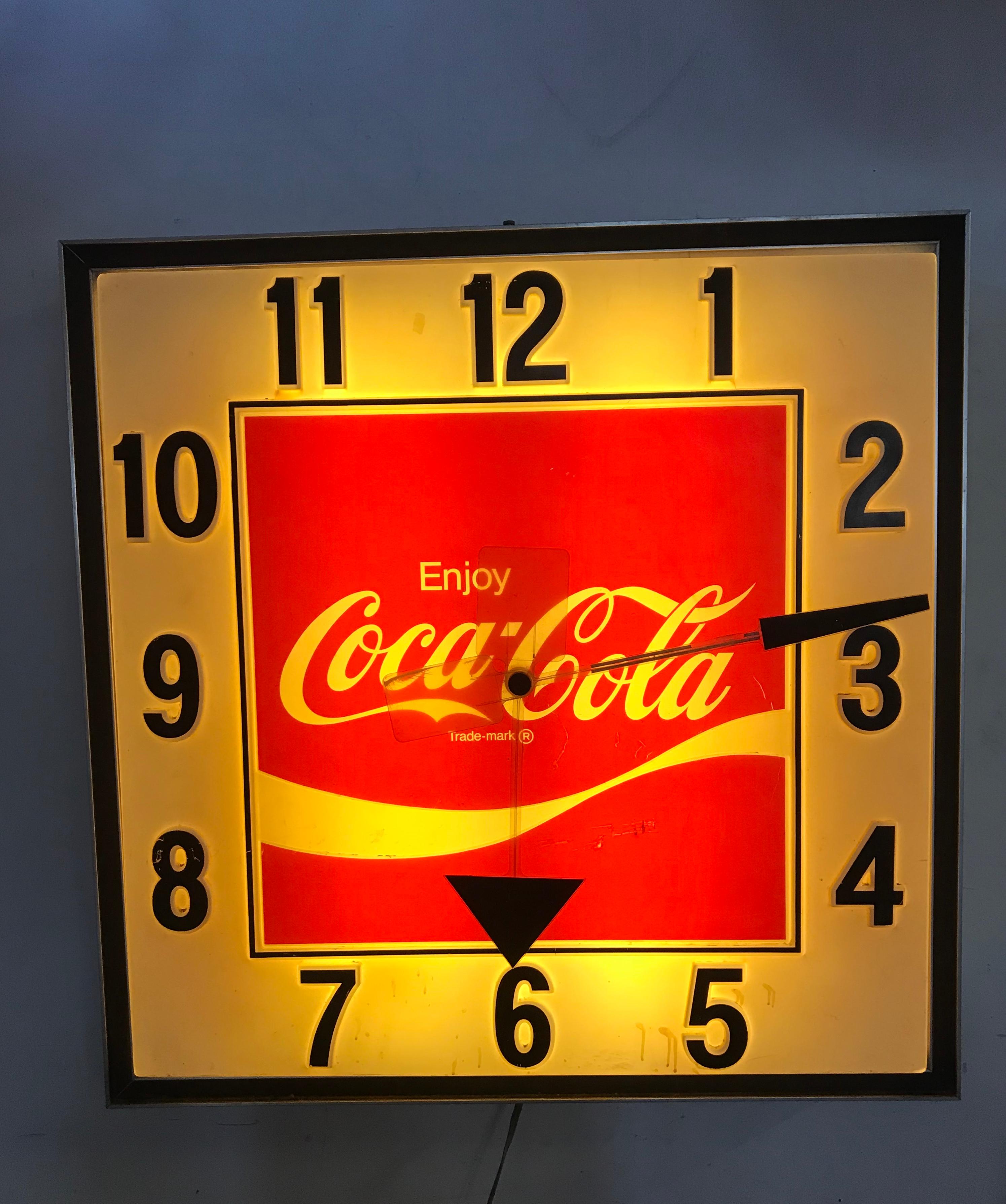 Aluminum Unusual Pop Modernist Oversized 1970s Light Up Coca Cola Advertising Clock