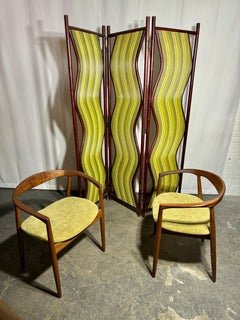 Unusual Pop Modernist Painted "wavey" 3-panel Bamboo Screen / Divider