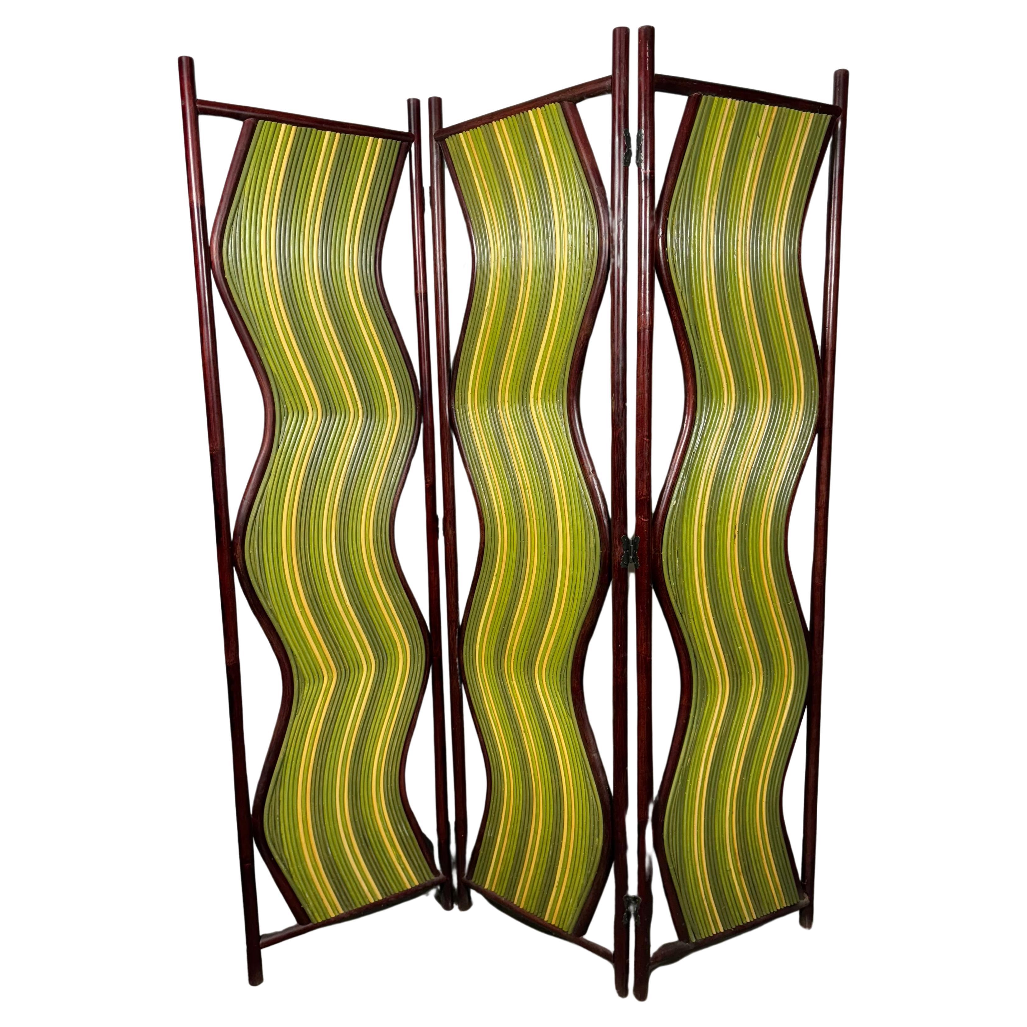 Unusual Pop Modernist Painted "wavey" 3-panel Bamboo Screen / Divider