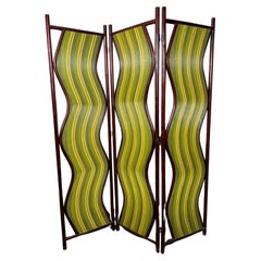 Unusual Pop Modernist Painted "wavey" 3-panel Bamboo Screen / Divider